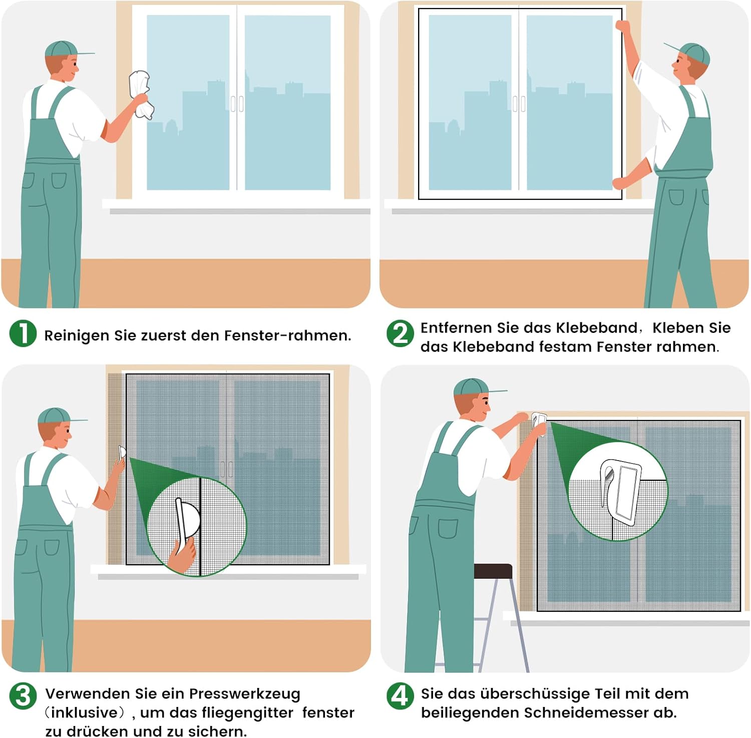 Thumbnail 5 de berssen Fliegengitter Fenster ohne Bohren DIY 130x150 cm (2 Stück) mit Klettband, Zuschneider & Presshilfe – Schwarz