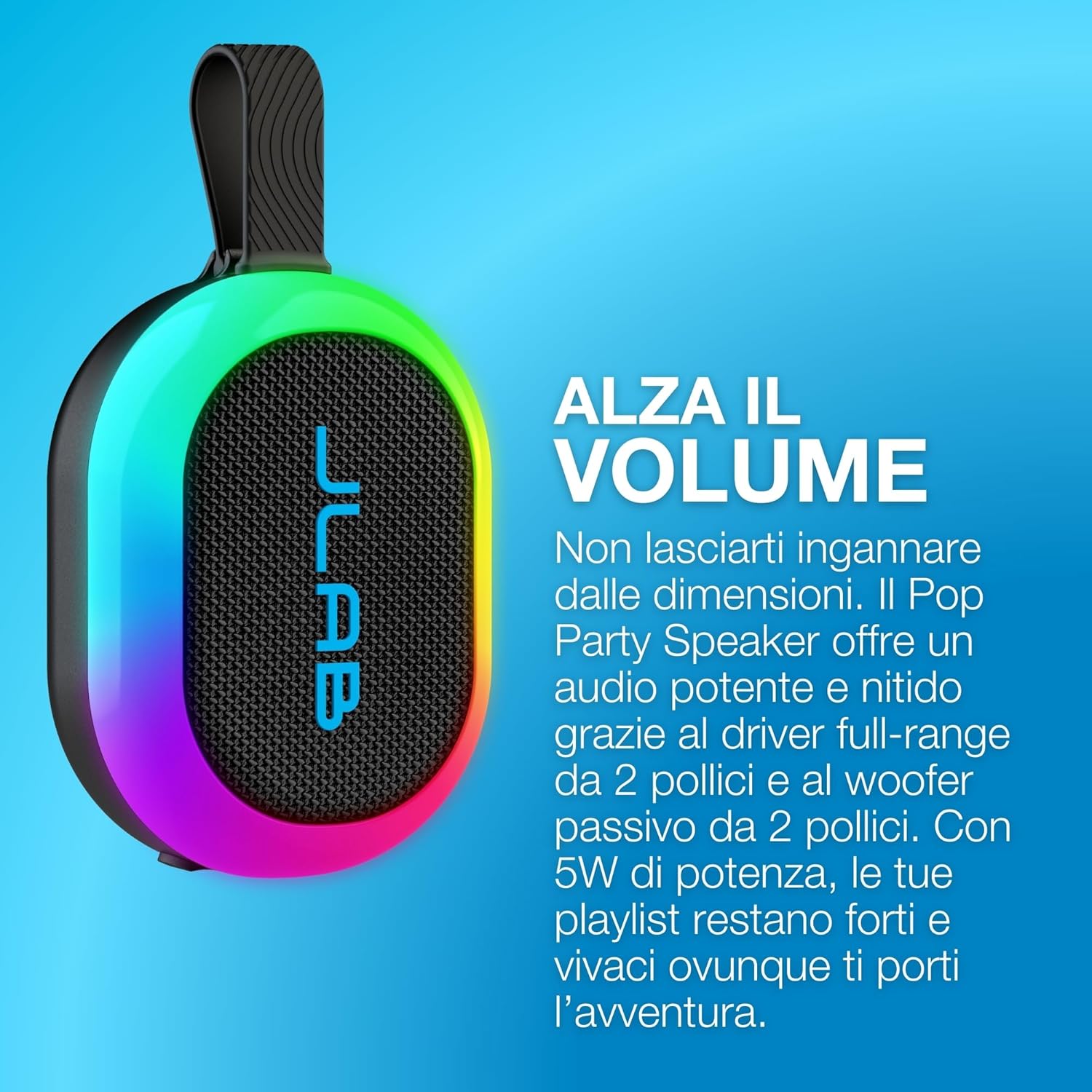 Thumbnail 2 de JLab Pop Party cassa Bluetooth ultra-portatile da 5W con luci RGB e autonomia fino a oltre 8 ore (IP55, blu navy)