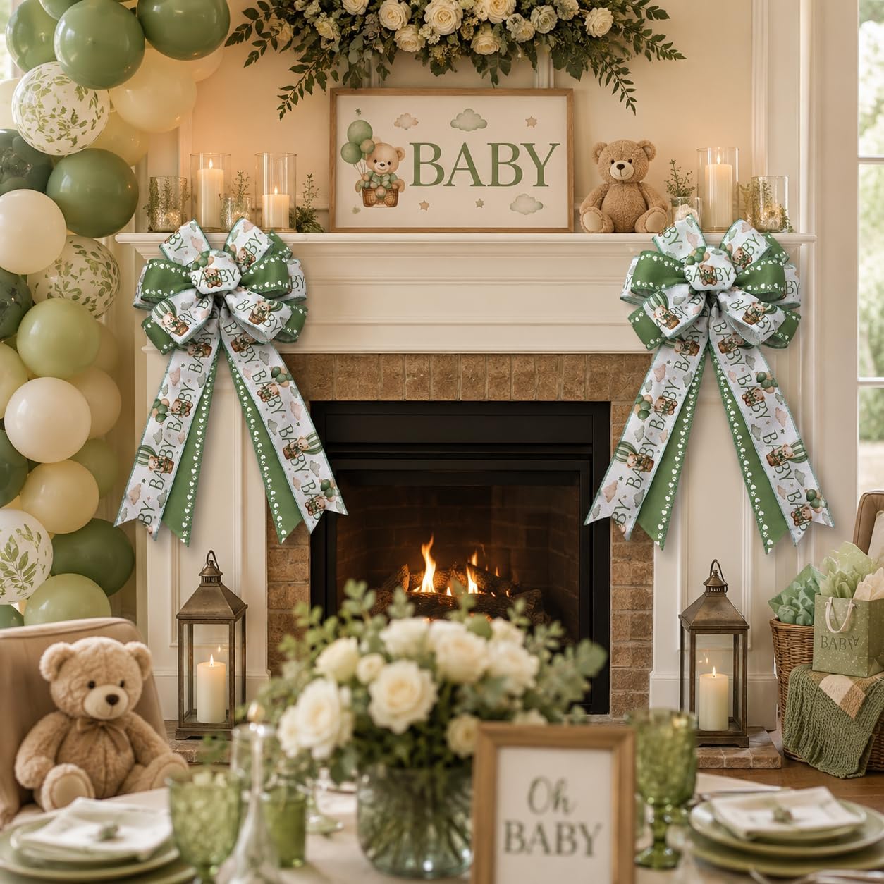 Thumbnail 1 de Wired Ribbon, Sage Green Bear Print