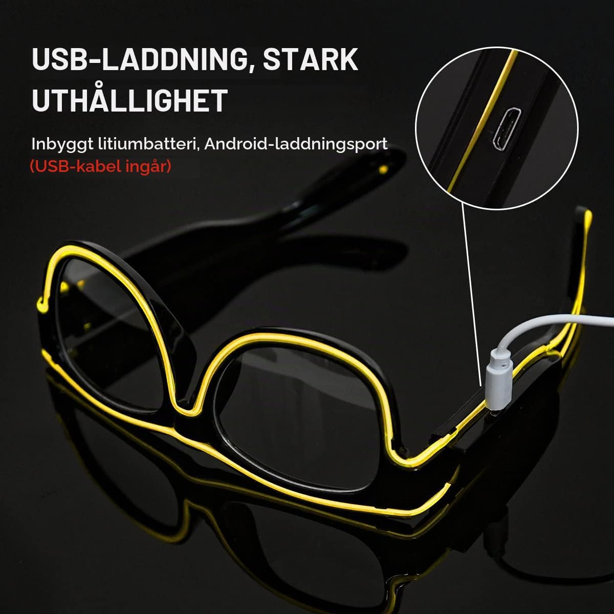 Detalle de Ainiv LED-glasögon, uppladdningsbara festglasögon med tre ljuslägen