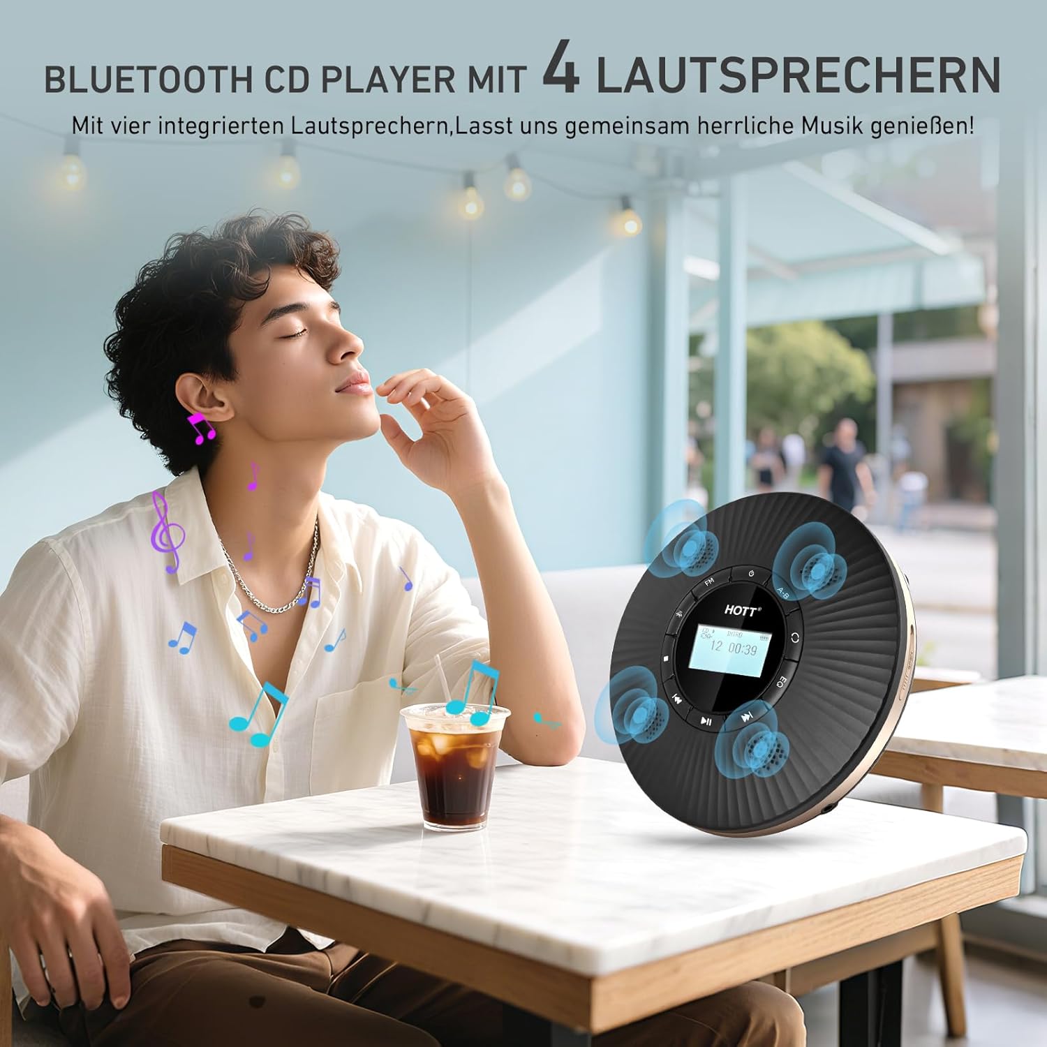 Thumbnail 1 de HOTT tragbarer Bluetooth-CD-Player mit 4 Lautsprechern, FM-Transmitter, Anti-Skip und 1800-mAh-Akku – Schwarz