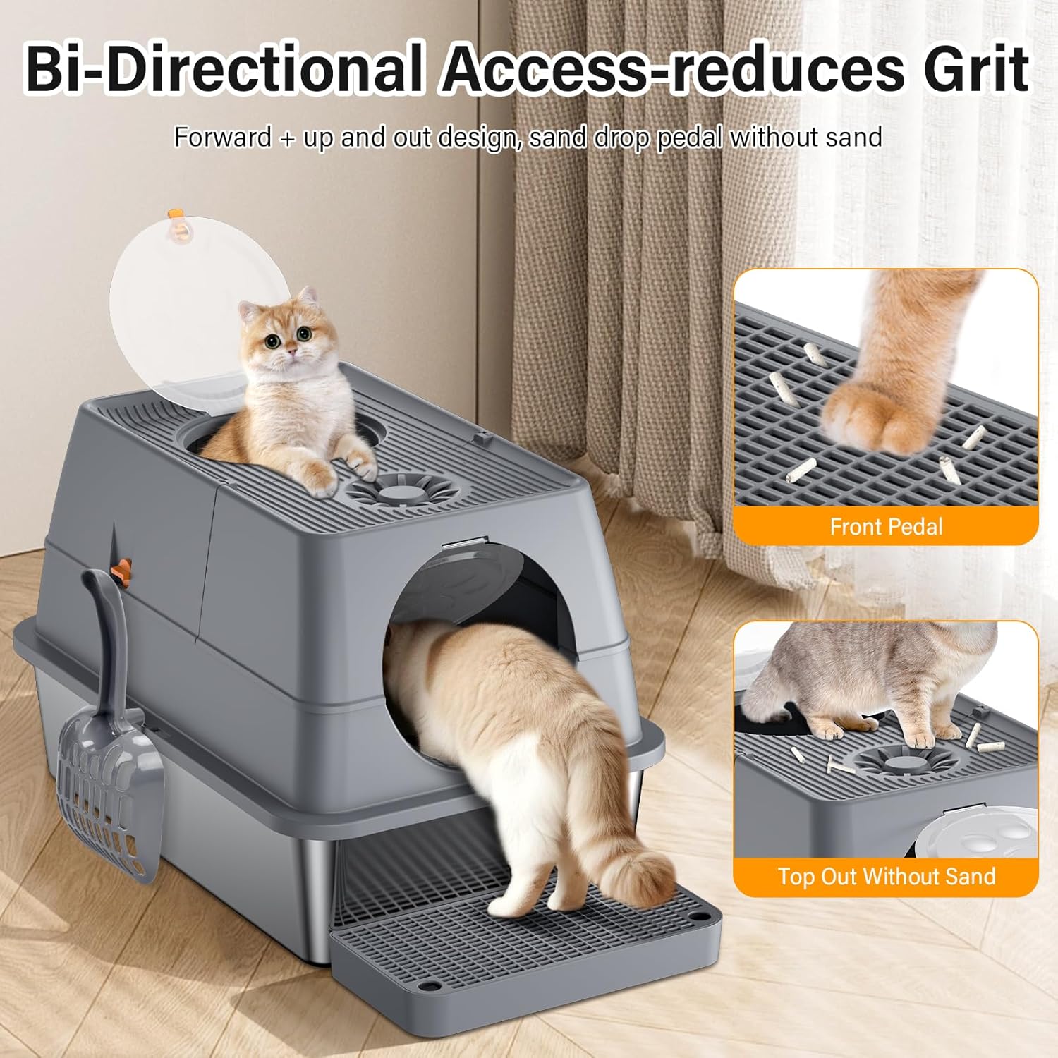 Thumbnail 3 de QEANY lettiera per gatti in acciaio inox XXL con coperchio 60 x 40 x 39 cm, grande e chiusa (con pala e tappetino)