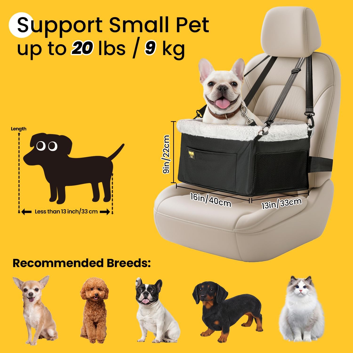 Thumbnail 1 de Conlun Dog Car Seat – Elevated Pet Booster Seat for Small Dogs under 9kg with Steel Frame, Safety Tether & Breathable Mesh (Black)