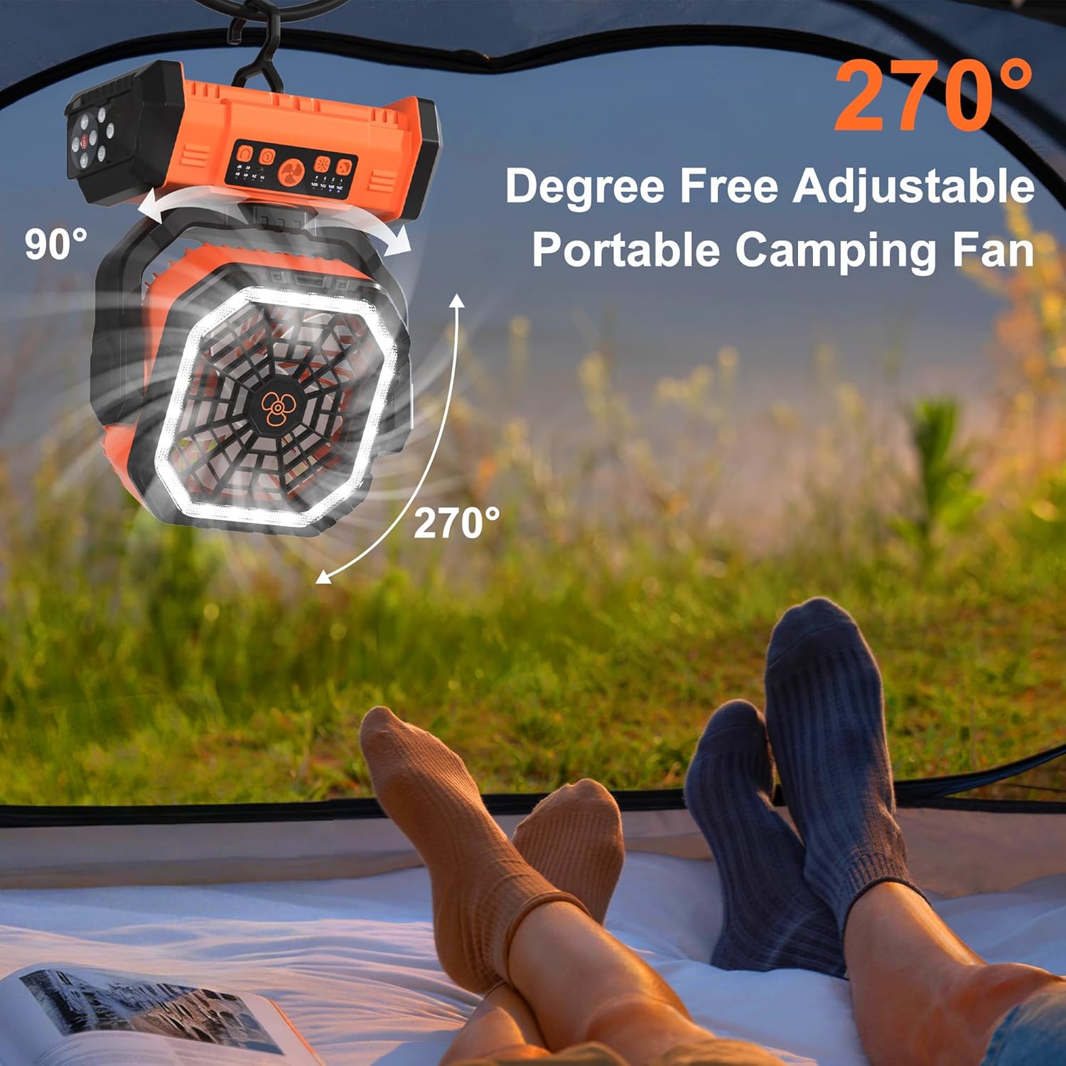 Detalle 2 de Honesorn Portable Rechargeable Fan 20000mAh with LED Light, Remote, and USB-C Power — Orange