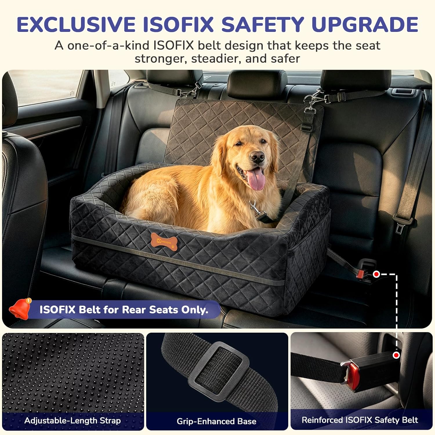 Detalle de Dog Car Seat for Medium to Large Dogs: 4" Elevated Booster Seat with ISOFIX – Jet Black