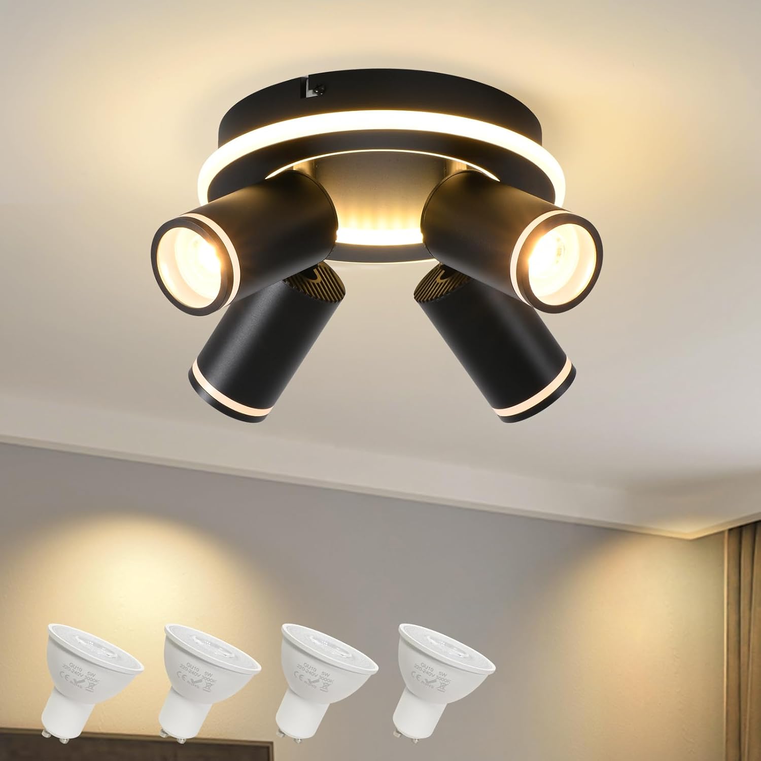 SANSHI Deckenleuchte 4‑flammig LED, schwenkbar 350° – 22W + 4×5W GU10, Schwarz