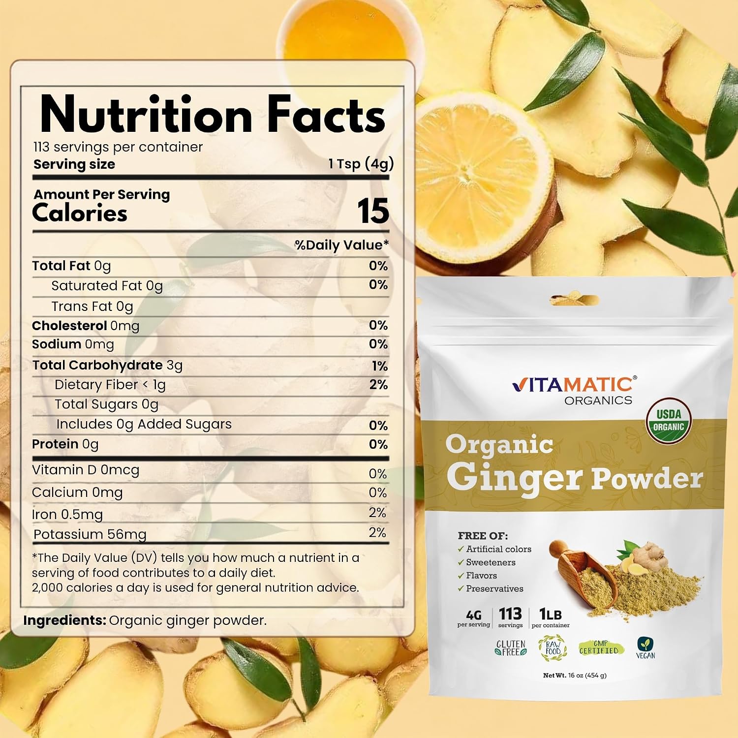 Detalle de Vitamatic USDA Organic Ginger Root Powder, 1 lb (16 oz), Ground Zingiber officinale