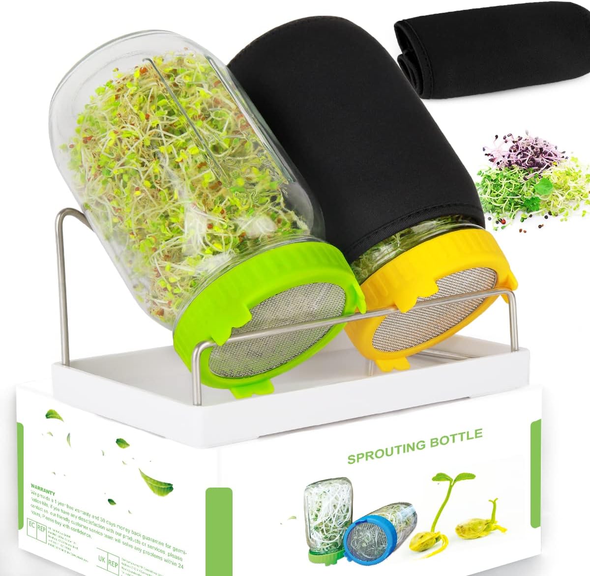 Detalle de Kitmiido Sprouting Kit for Seeds, 2 Wide-Mouth Jars, Mesh Lids & Sleeves