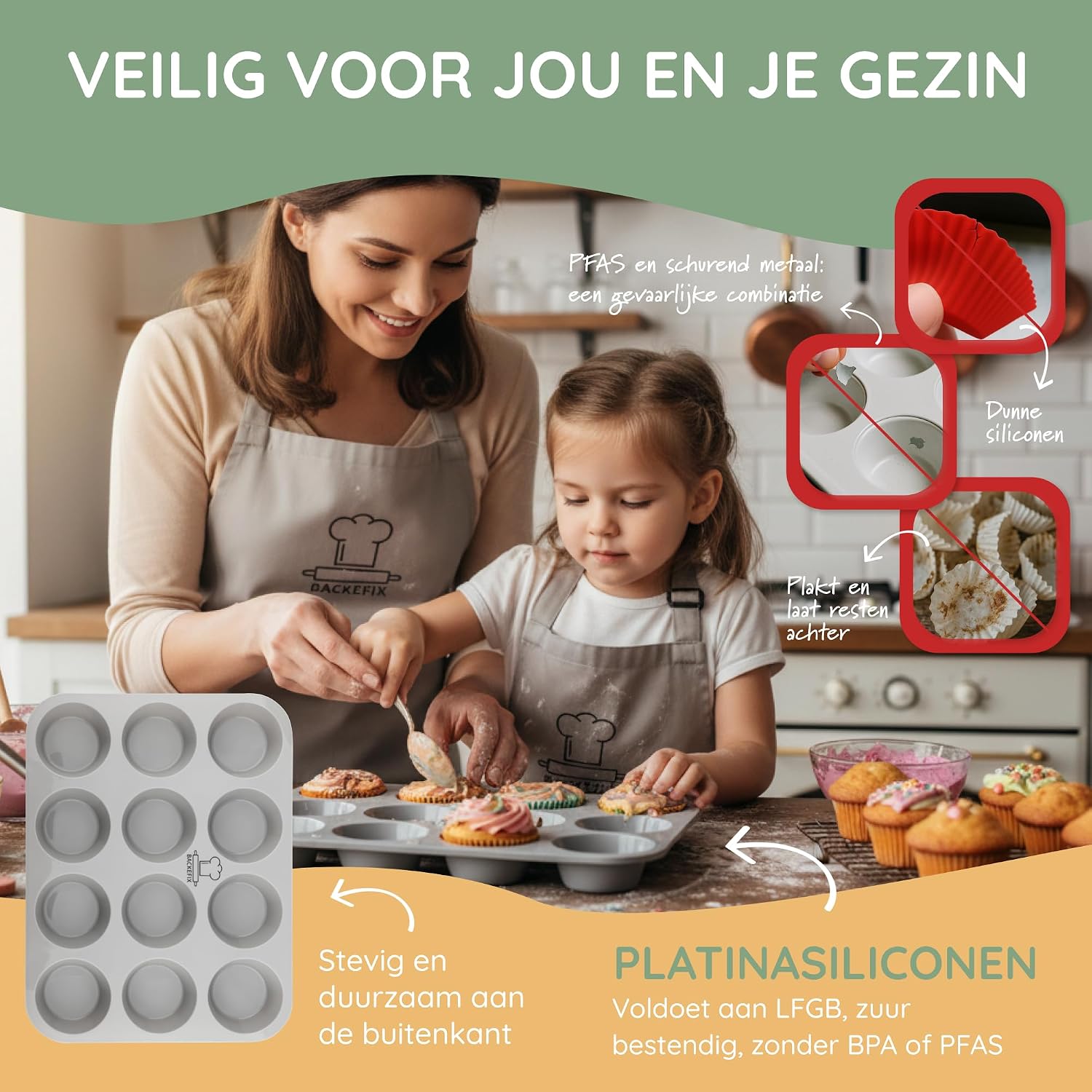 Detalle 2 de Backefix FLEXI BF-MB-12F muffinvorm van siliconen, 12 vakken, flexibel