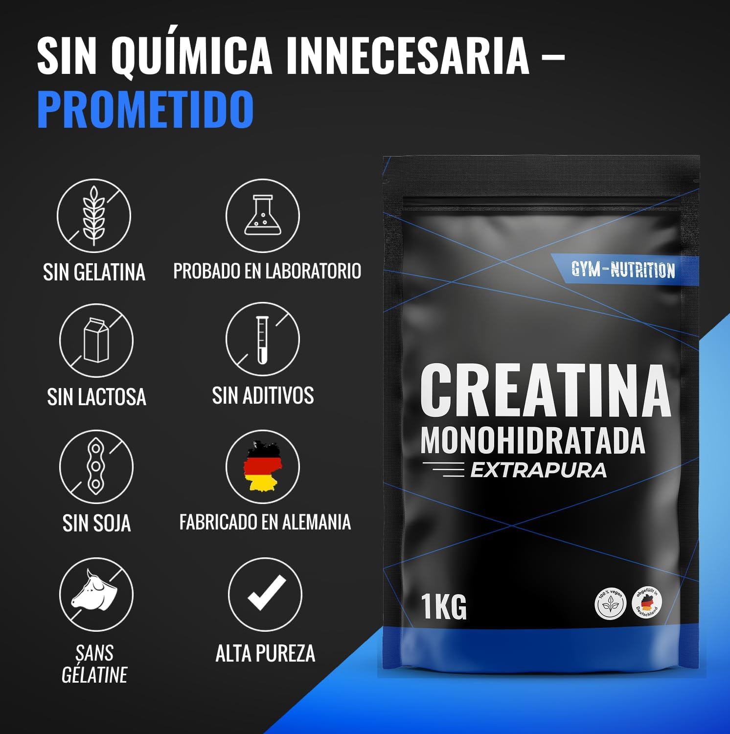 Detalle 2 de Gym Nutrition Creatina Monohidratada 1 kg en polvo sin sabor (100% vegana y de alta pureza)