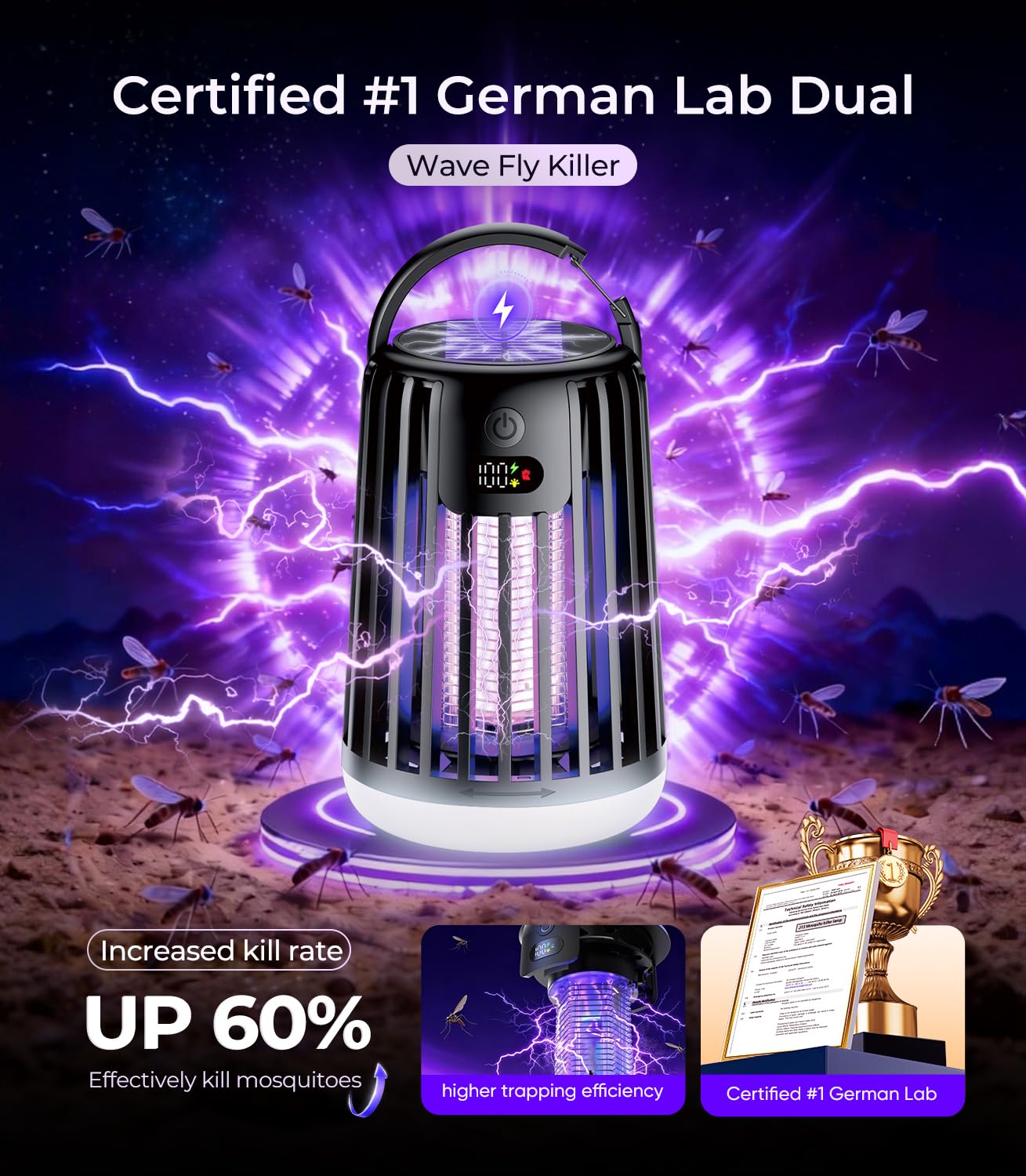 Thumbnail 4 de 6-IN-1 New Upgrade Solar Electric Fly Zapper: German Dual-Wave, 360° Coverage, Quiet 100% Silent Operation