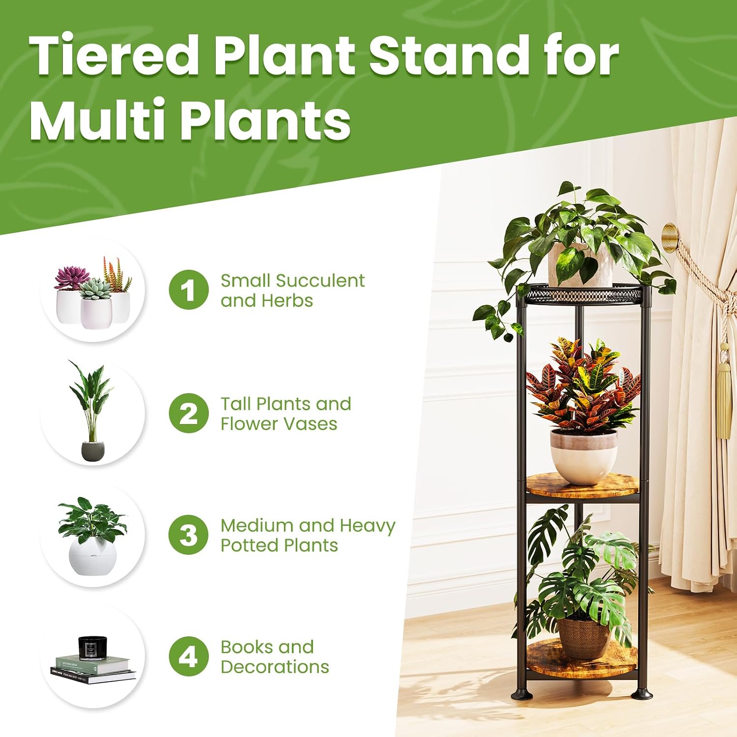Detalle 2 de Atpddpey 3-Tier Plant Stand, Metal and Wood Corner Shelf