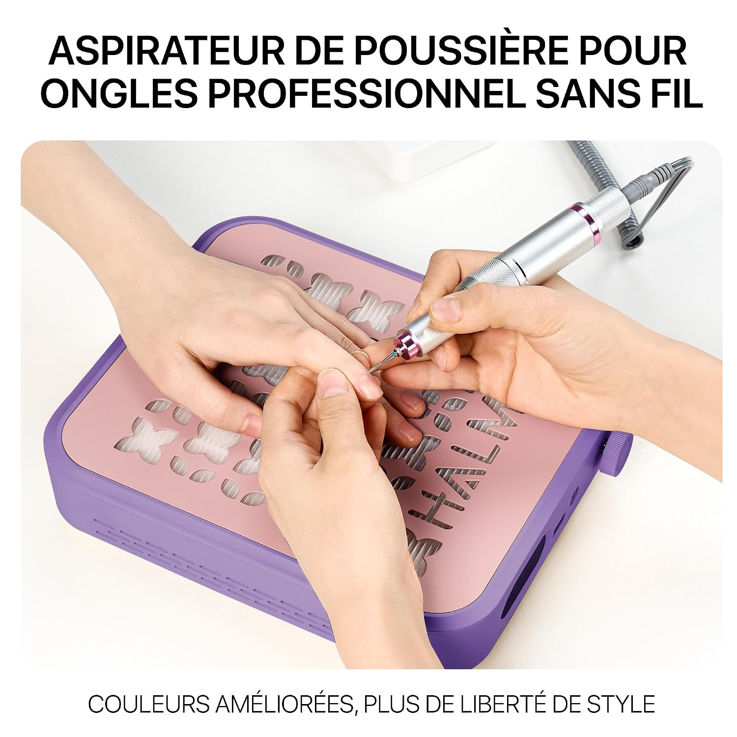 Detalle 2 de HALMAI Rechargeable Cordless Nail Dust Collector – kabelloser Staubabsauger für Acrylnägel (800 Pa, 5000 U/min, HEPA-Filter, Mauve Violett)