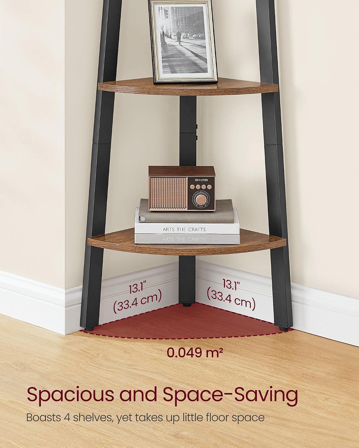 Detalle 2 de VASAGLE ULLS34X 4-Tier Corner Shelf, Rustic Brown and Matte Black