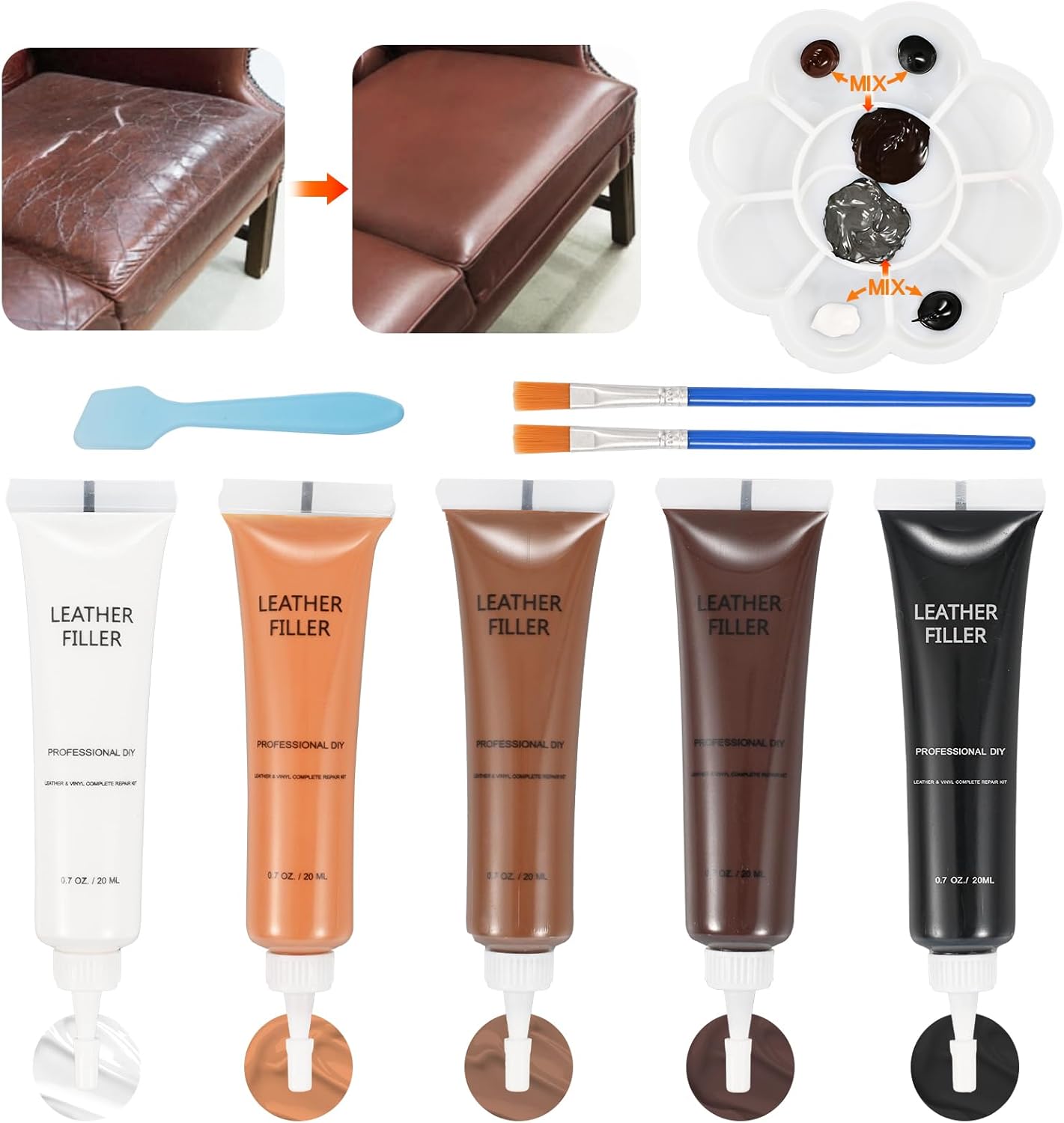 BUDOCI Leder Reparatur Set mit 5 Farben (flüssig) – Schwarz & Braun Mix für Kratzer und Risse an Leder/Kunstleder/Vinyl