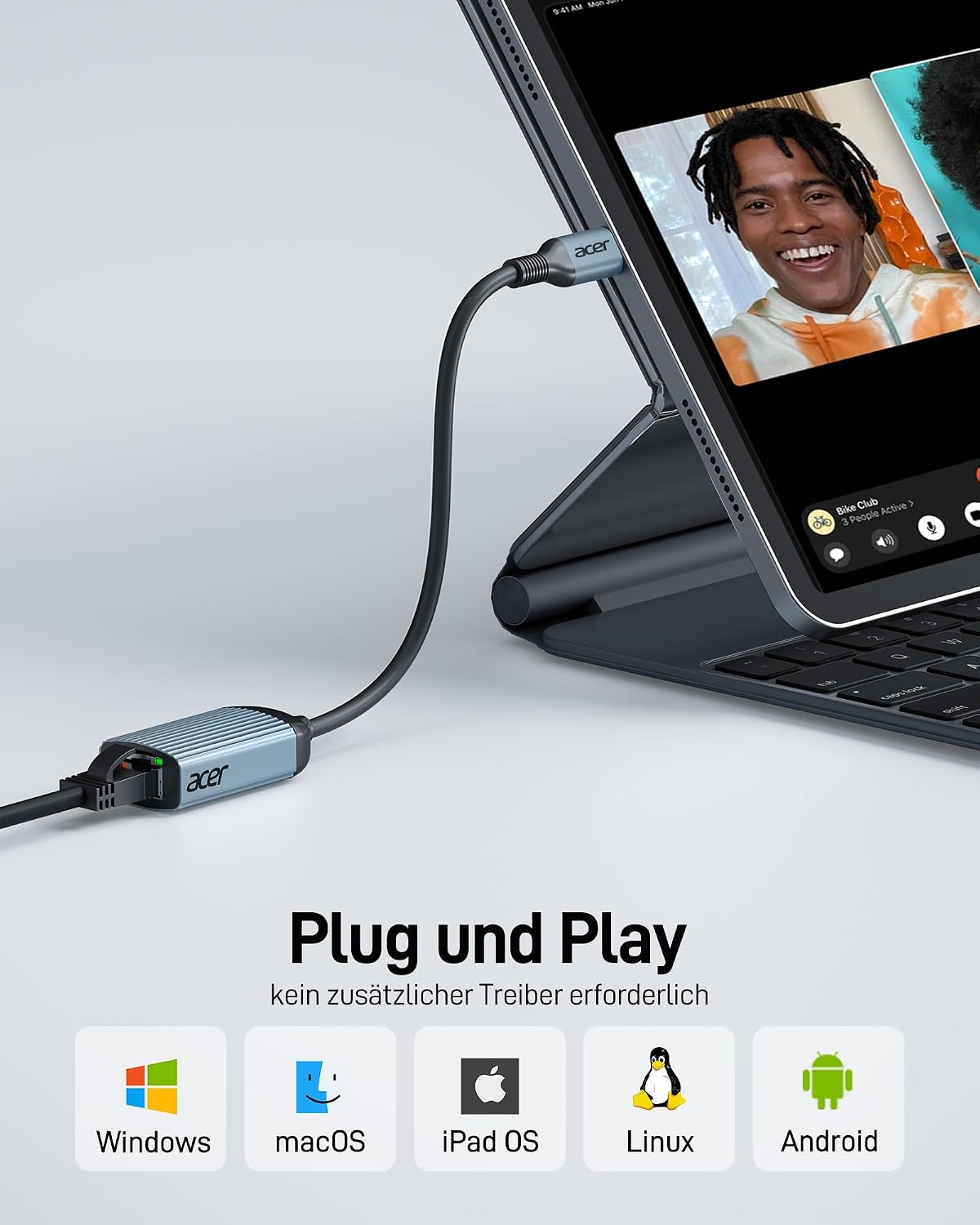 Detalle de acer USB‑C auf Ethernet Adapter (Thunderbolt 3/4 kompatibel) auf RJ45 Gigabit LAN