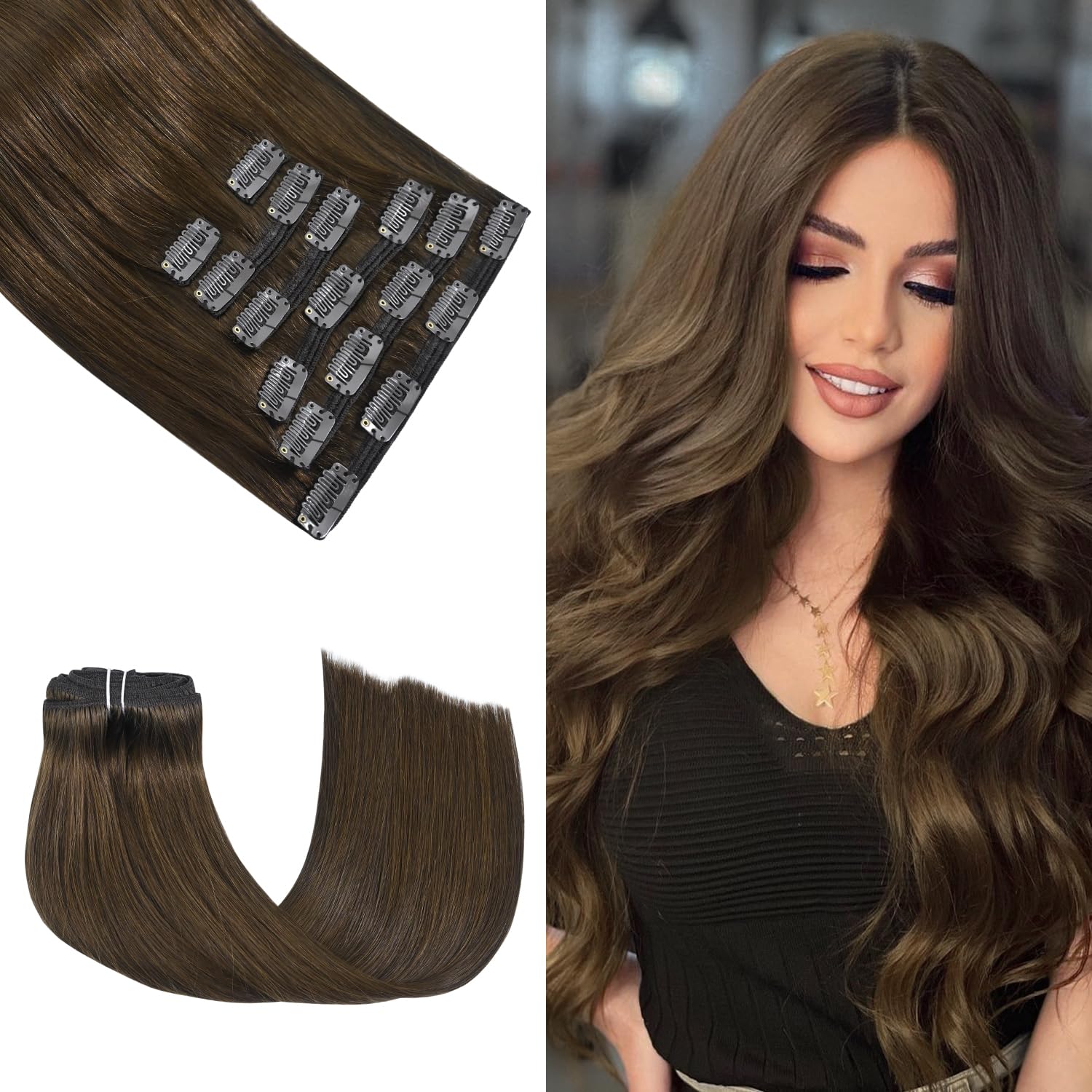 Thumbnail 6 de Honsoo Chestnut Brown Remy Clip-In Hair Extensions (18 inch, 70g, 7pcs) – Real Human Hair, Silky & Soft