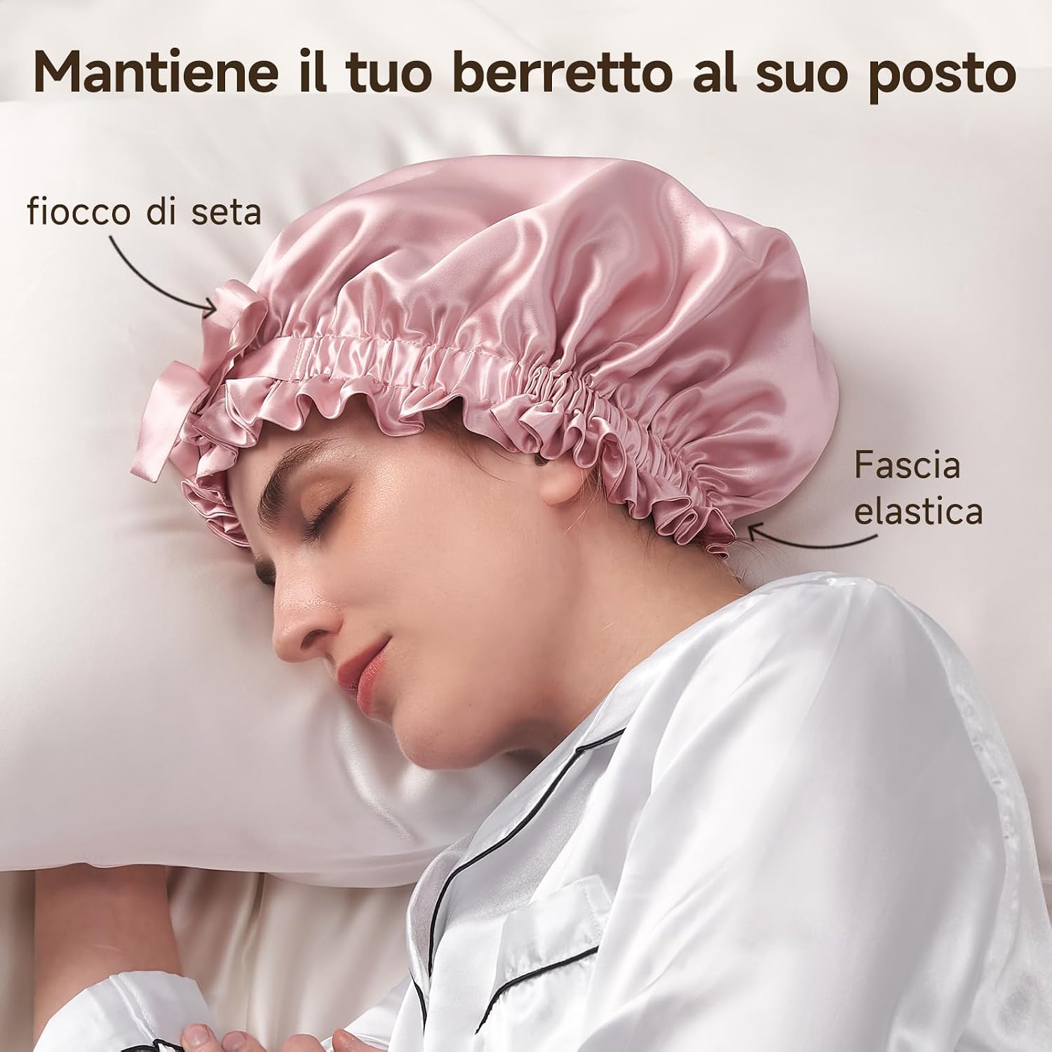 Detalle de Umisleep Cuffia in seta di gelso 22 Momme doppio strato (6A) con fascia regolabile per capelli ricci