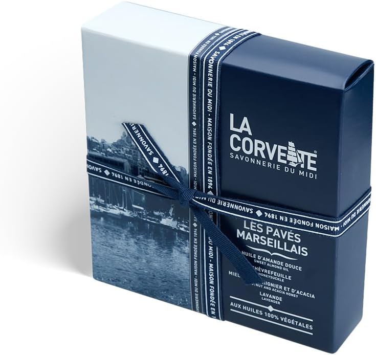 Detalle de La Corvette – Les Pavés Marseillais: Cofanetto di 4 saponi vegetali da 100 g, profumi provenzali, Made in France