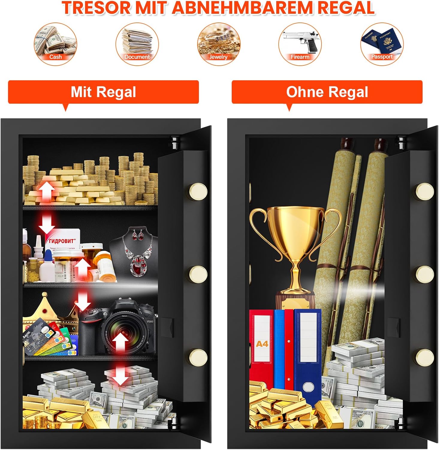 Detalle de 85L Großer Feuerfester Tresor mit feuerfester Dokumententasche – Digitaler Heimtresor inkl. herausnehmbarem Regal