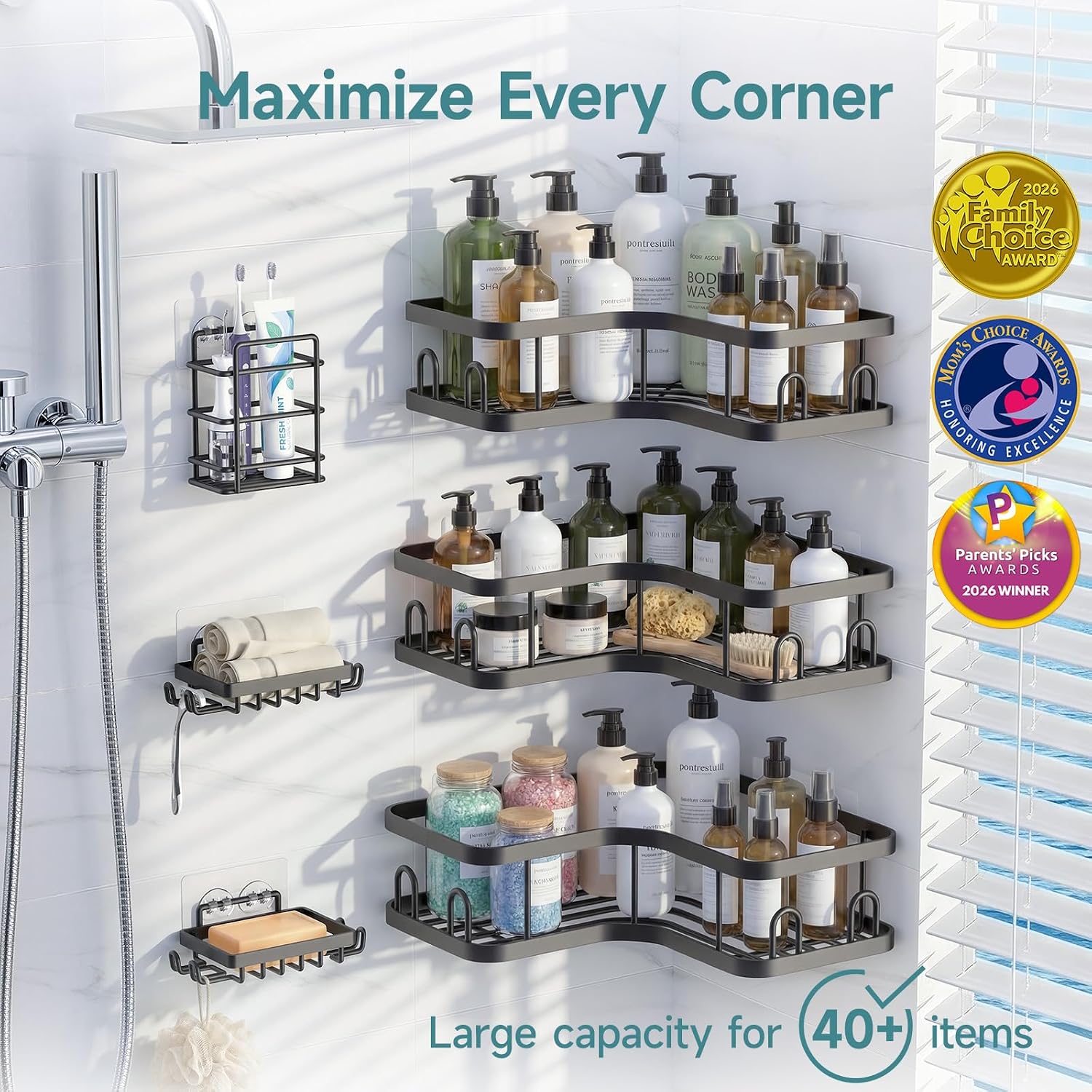Detalle 2 de Veken Large-Capacity Corner Shower Caddy 6-Pack, Black, No-Drill Adhesive