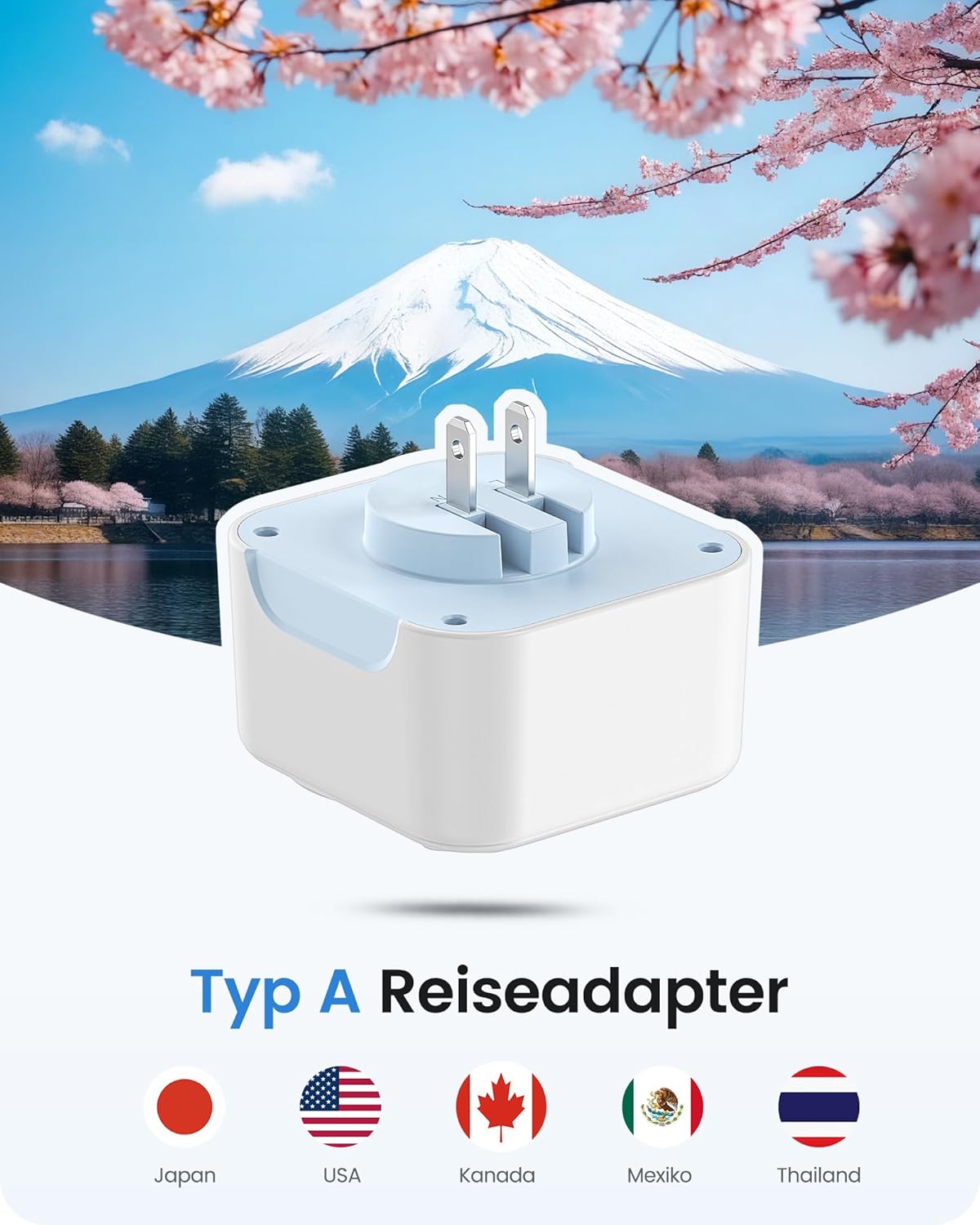 Detalle de LENCENT klappbarer Reiseadapter Japan (Typ A) mit USB-C & USB-A – 6-fach, kompakt für Deutschland/USA/Kanada/Thailand