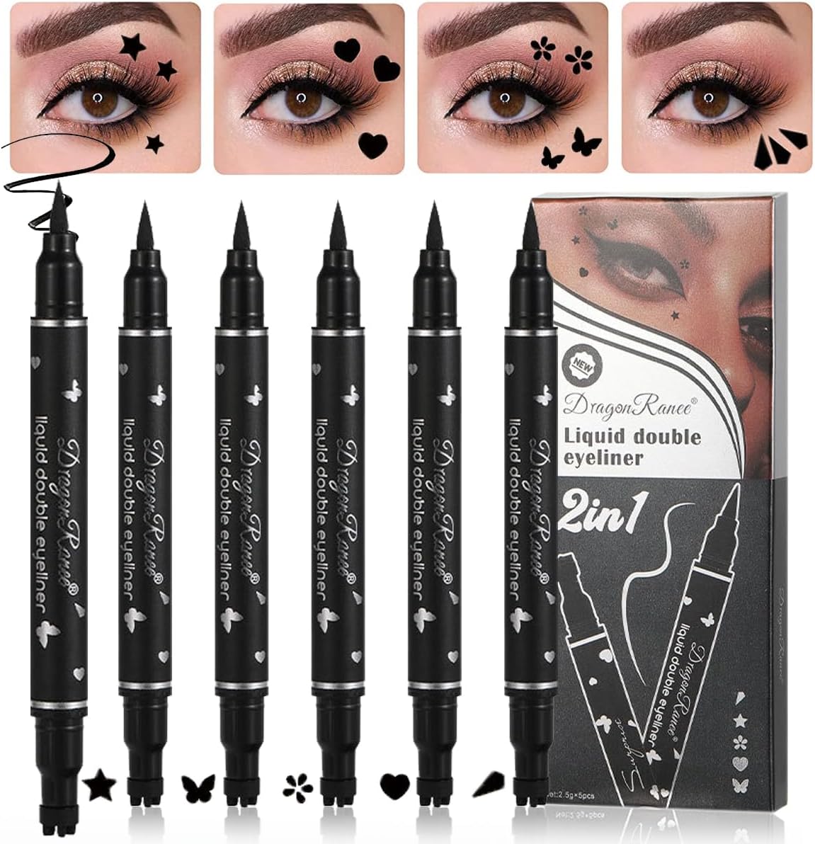 Detalle de Sitovely set da 5 eyeliner liquidi opachi con stencil a doppia testa (triangolo, cuore, stella, fiore, farfalla) impermeabili