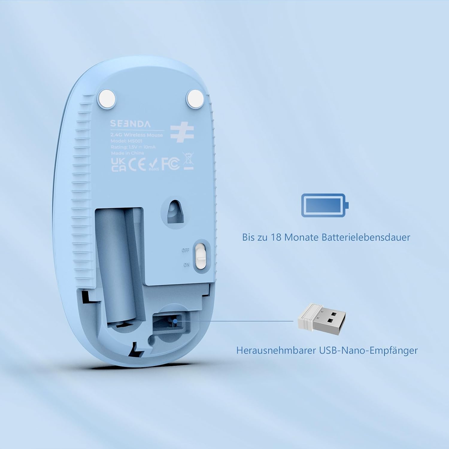 Thumbnail 6 de seenda Kabellose Maus 2,4 G Silent Mouse mit USB-Empfänger – 1.600 DPI, bis zu 18 Monate Akkulaufzeit