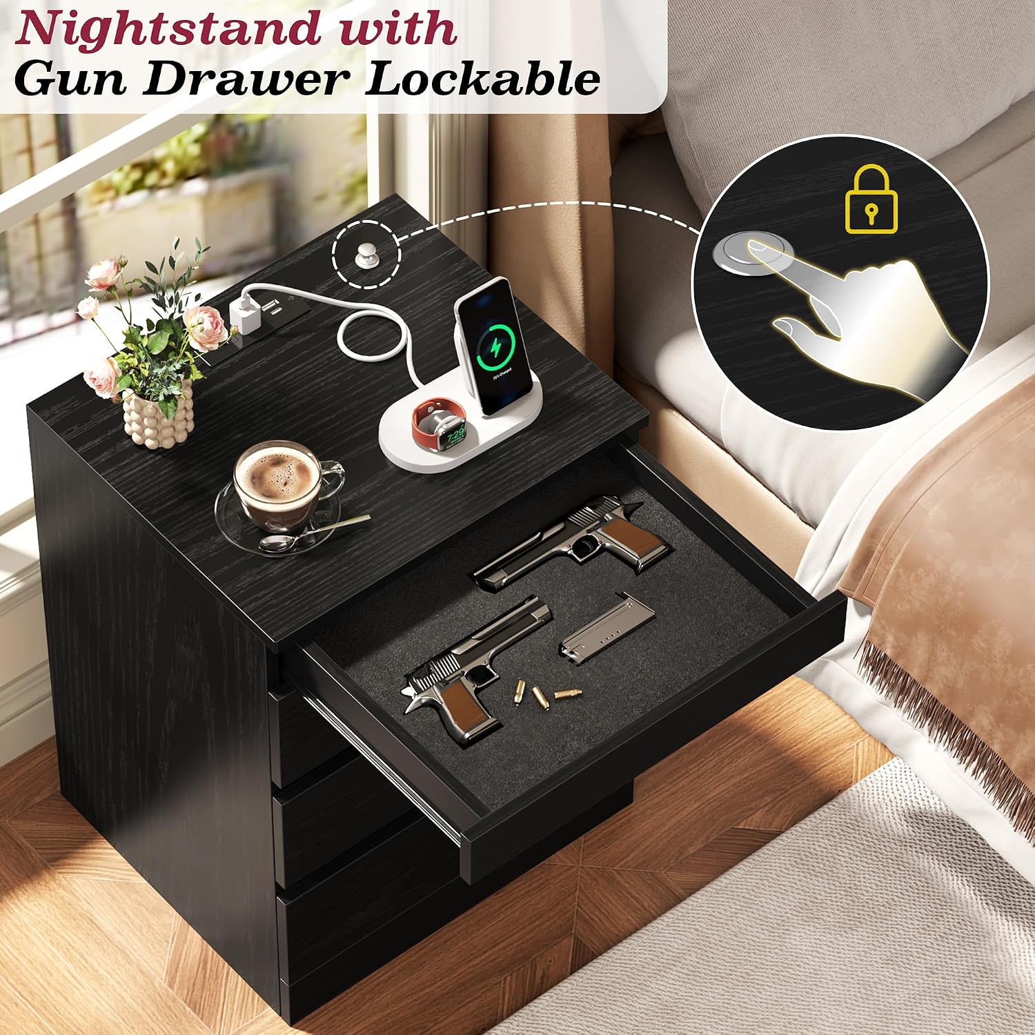 Thumbnail 3 de Yusong Black Oak Nightstand with Hidden Lock, 4 Drawers and Charging Station