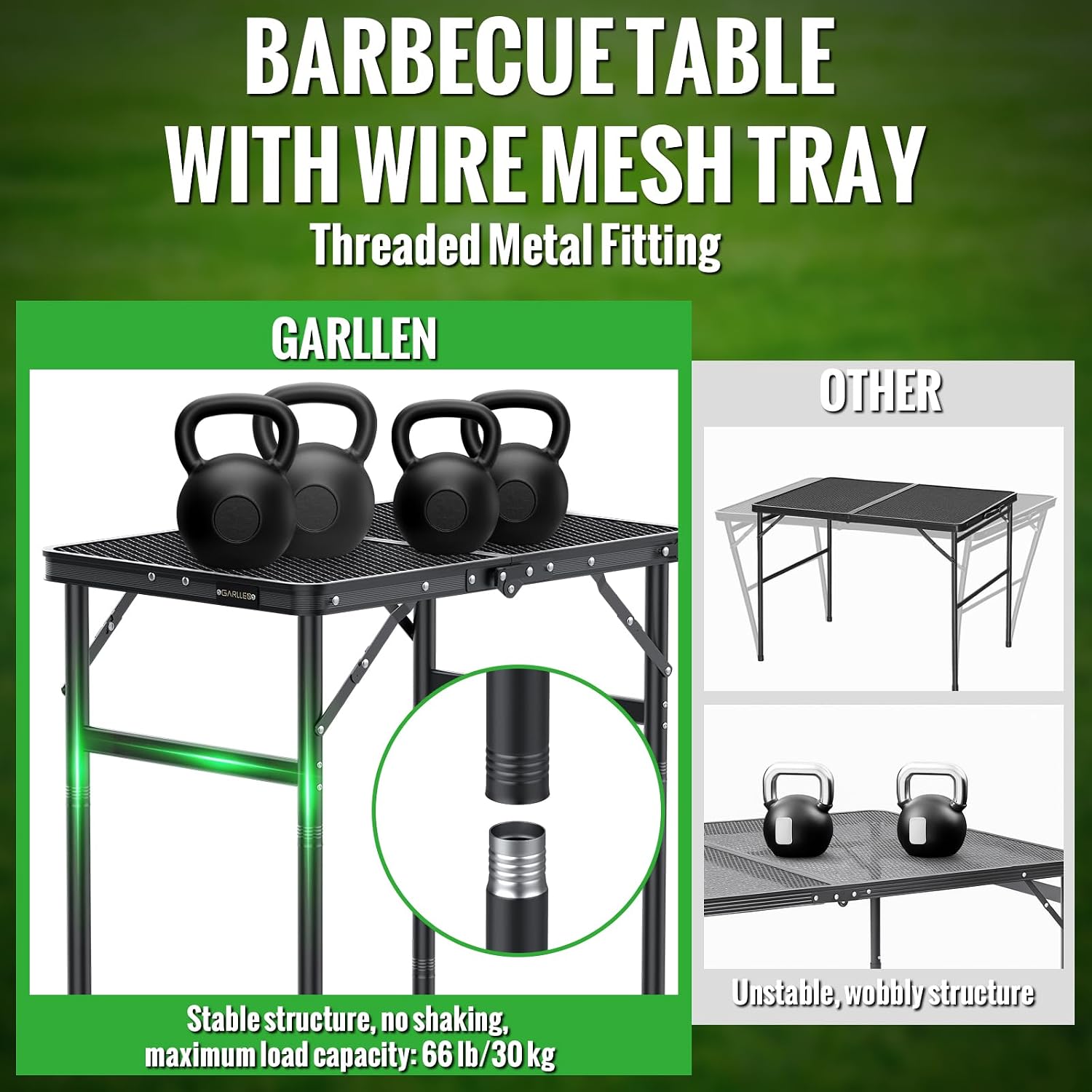 Detalle de GARLLEN klappbarer Grilltisch mit 3 Höhen (60 x 40 cm) – tragbarer Campingtisch