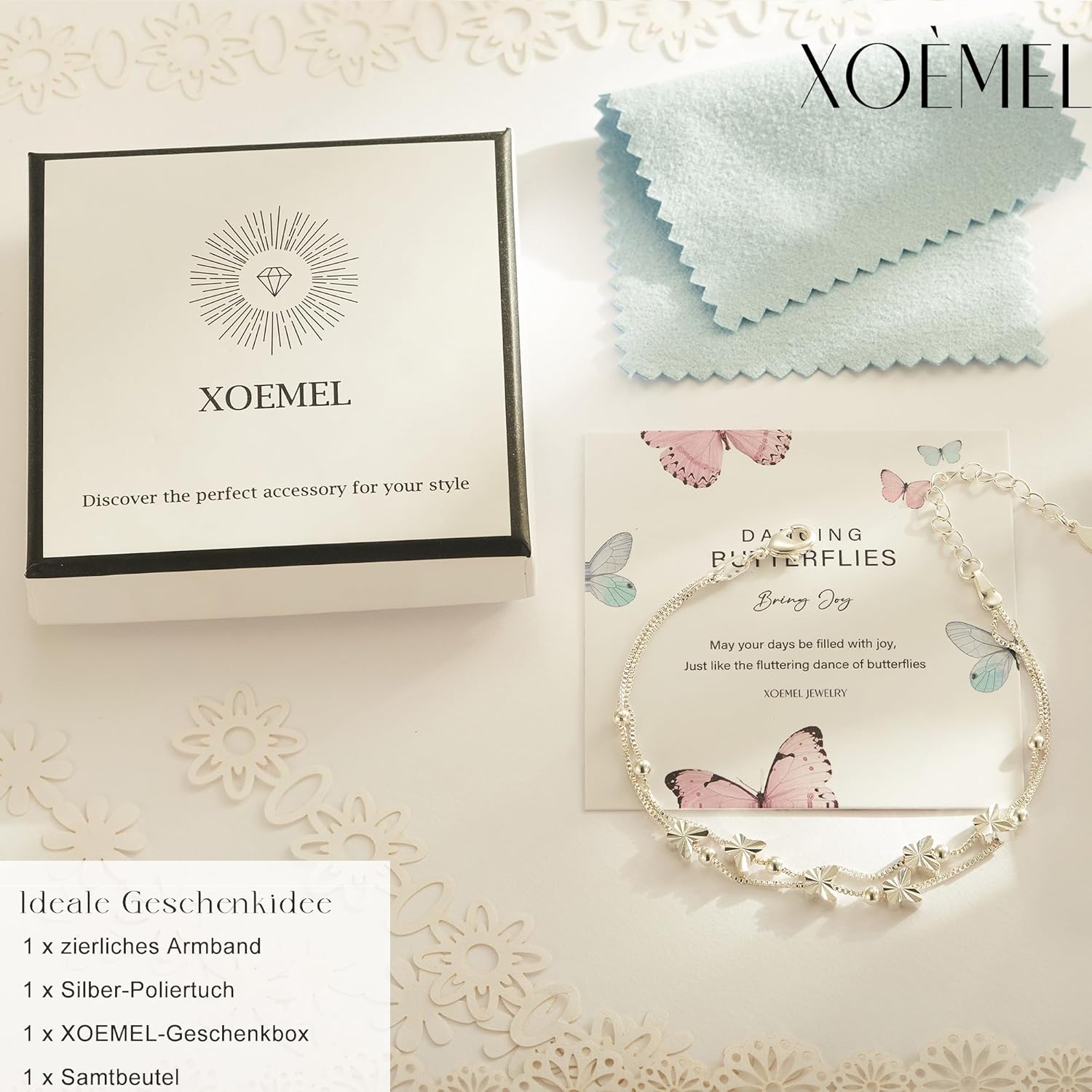 Thumbnail 5 de XOEMEL Bracelet en argent 925 pour femme – Papillon, or rose, perles et longueur réglable 43 cm