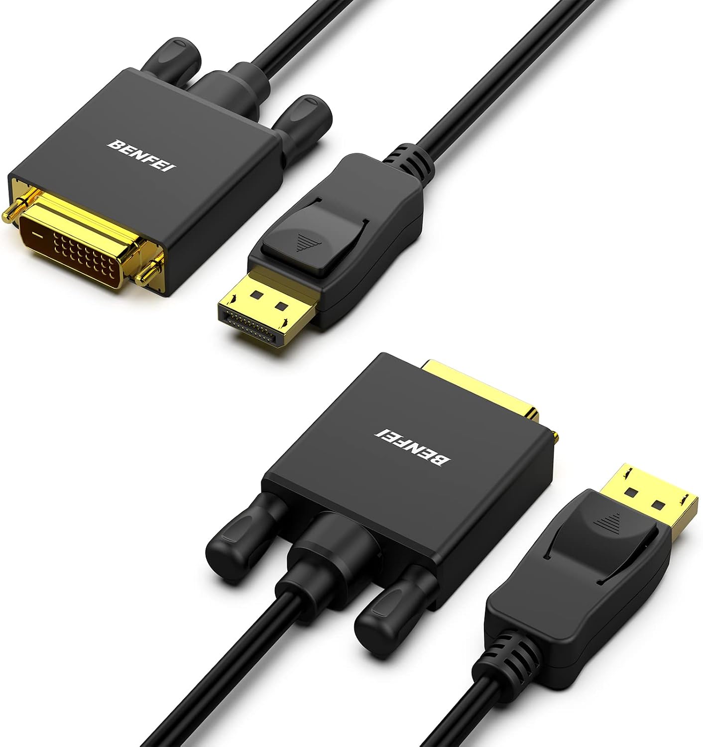 Detalle de BENFEI DisplayPort to DVI Adapter 1.8M Cable 2 Pack (DP to DVI) – Gold-Plated, 1080p, 2-Pack