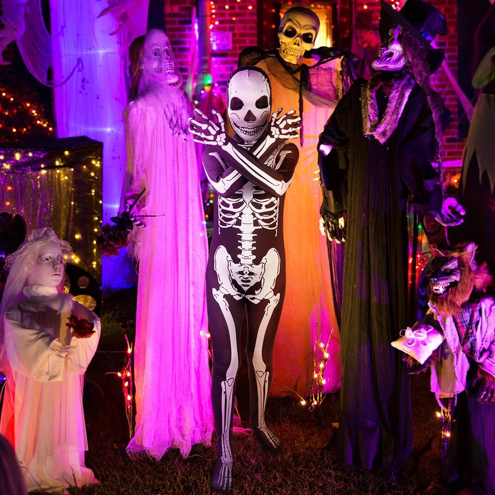 Detalle de AOOWU skeletkostuum voor kinderen met stretchoverall en gezichtsmasker
