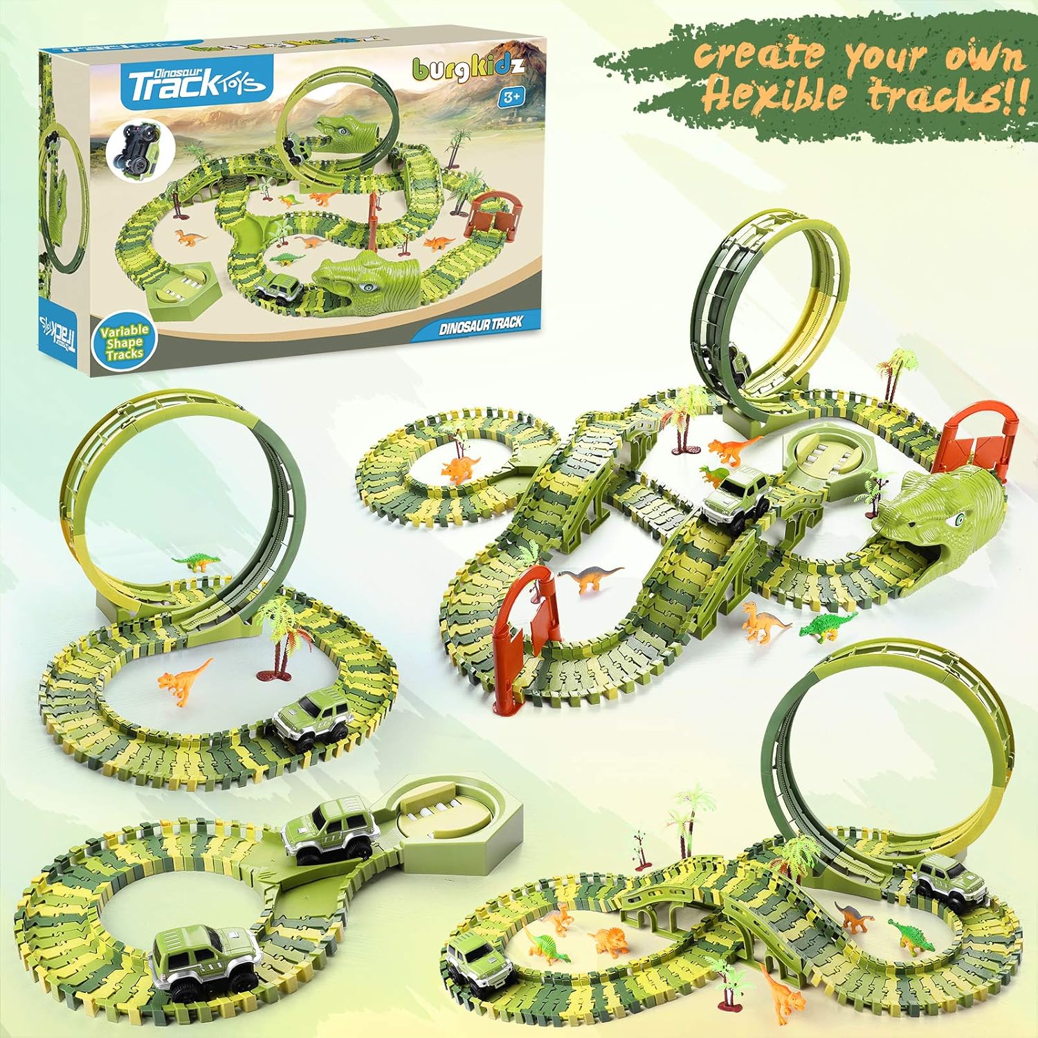 Thumbnail 6 de burgkidz Dinosaurier Rennstrecken Spielset – 360-Grad Looping, 387 Teile, inklusive 2 Rennwagen