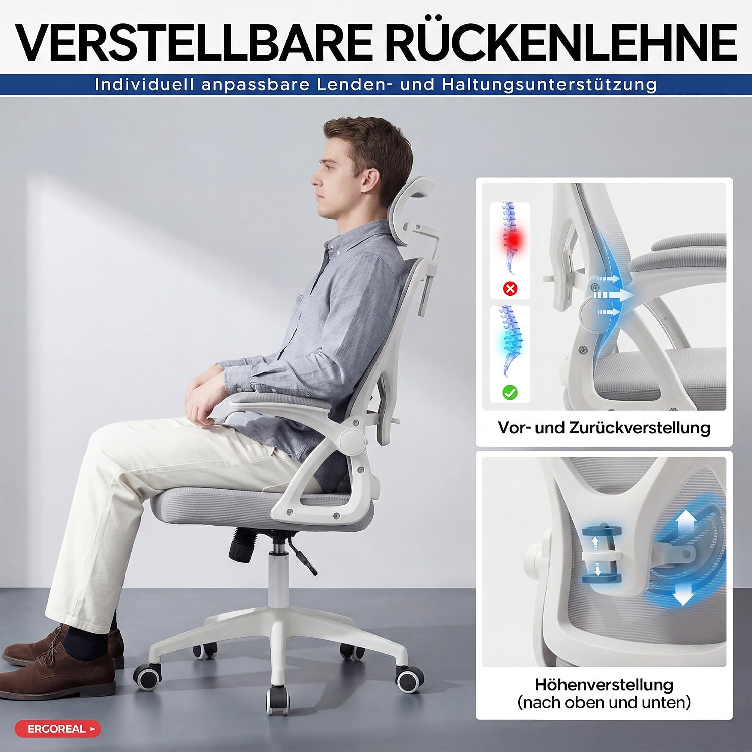 Thumbnail 3 de Ergoreal Ergonomischer Mesh-Bürostuhl Home Office 25W03 – verstellbare Lendenstütze, 2D Kopfstütze, klappbare Armlehnen, leise PU-Rollen, Klasse-3-Gasfeder