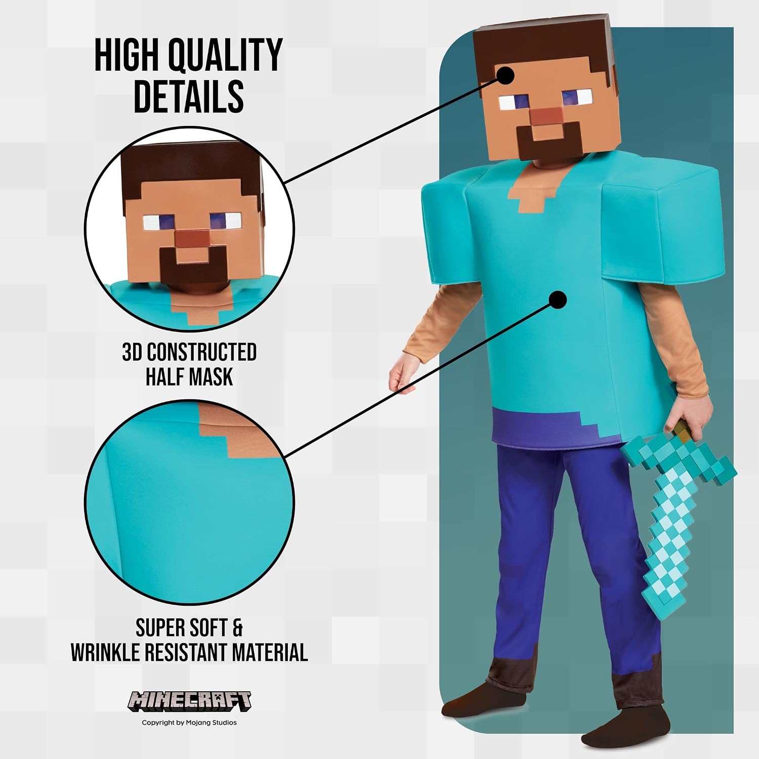 Detalle 2 de Disguise Minecraft Steve Deluxe Costume for Kids, Size 10–12, Tunic, Pants & Mask