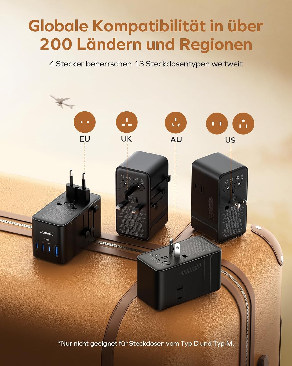 Detalle de MOMAX Reiseadapter Weltweit 205W GaN Hochleistungs – 9-in-1 Travel Adapter mit 2 AC, 6 USB-C, 1 USB-A