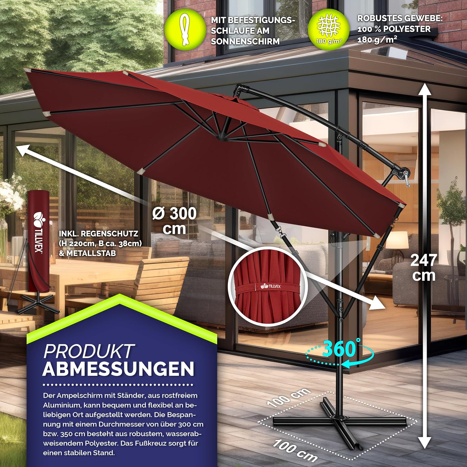 Detalle de tillvex Alu Sonnenschirm mit Abdeckung Ø 300 cm, Kurbel, 360° drehbar und Windschutz