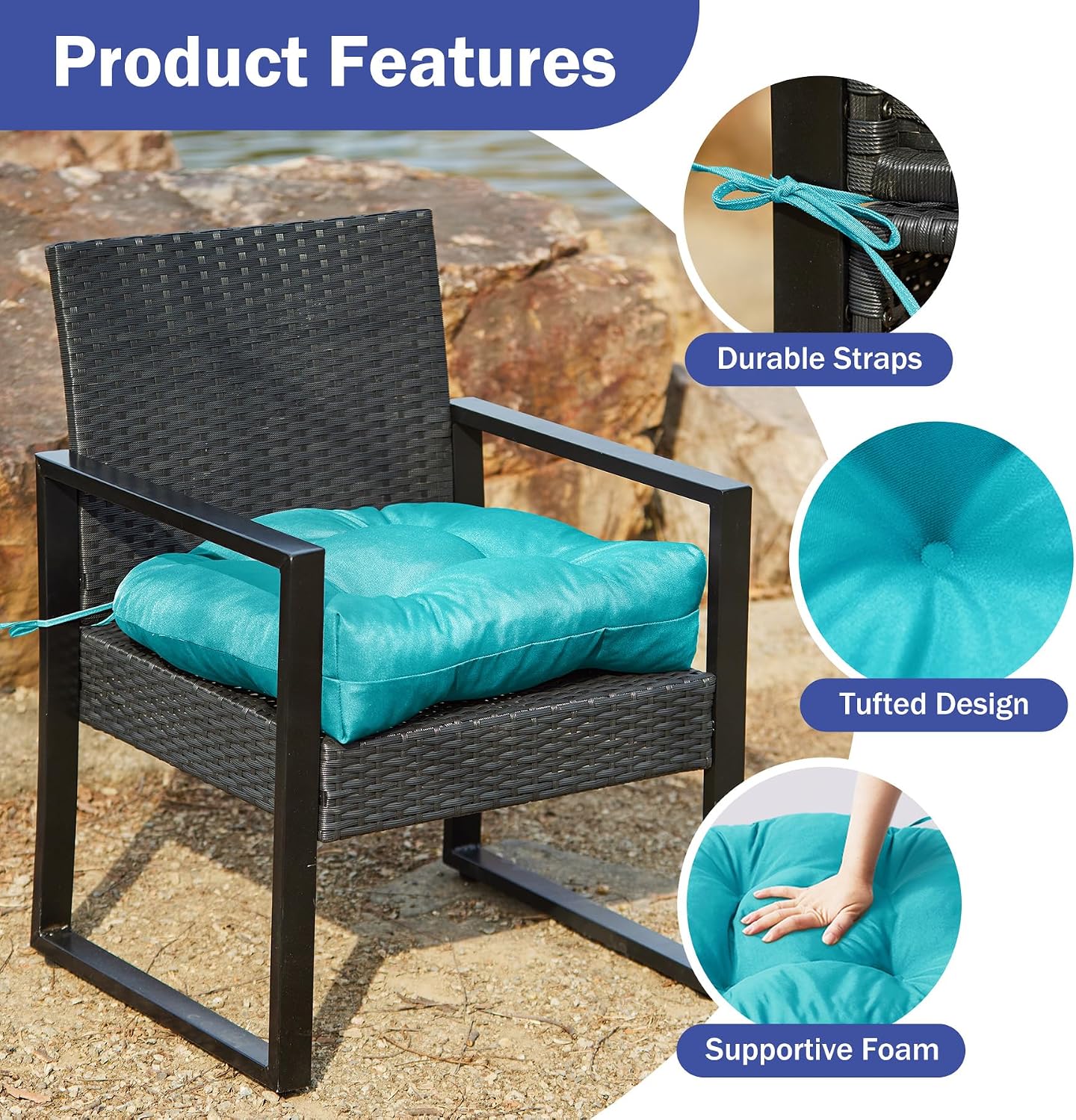 Detalle de IPYNBAP Outdoor Chair Cushions, Set of 2, Teal, Tufted with Ties