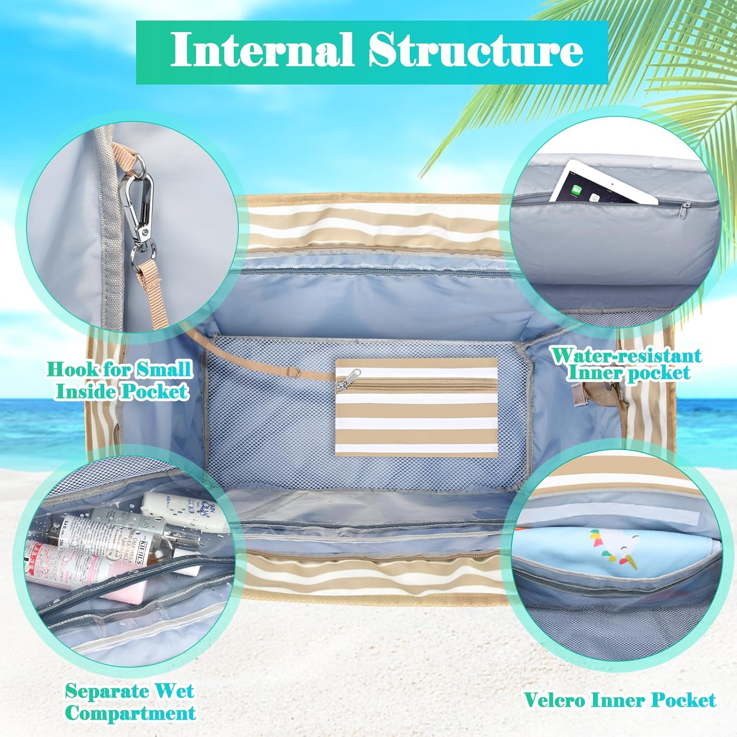 Detalle 2 de JUYANO Extra Large Beach Bag for Women with Zip, Waterproof 45L Tote with Wet Compartment
