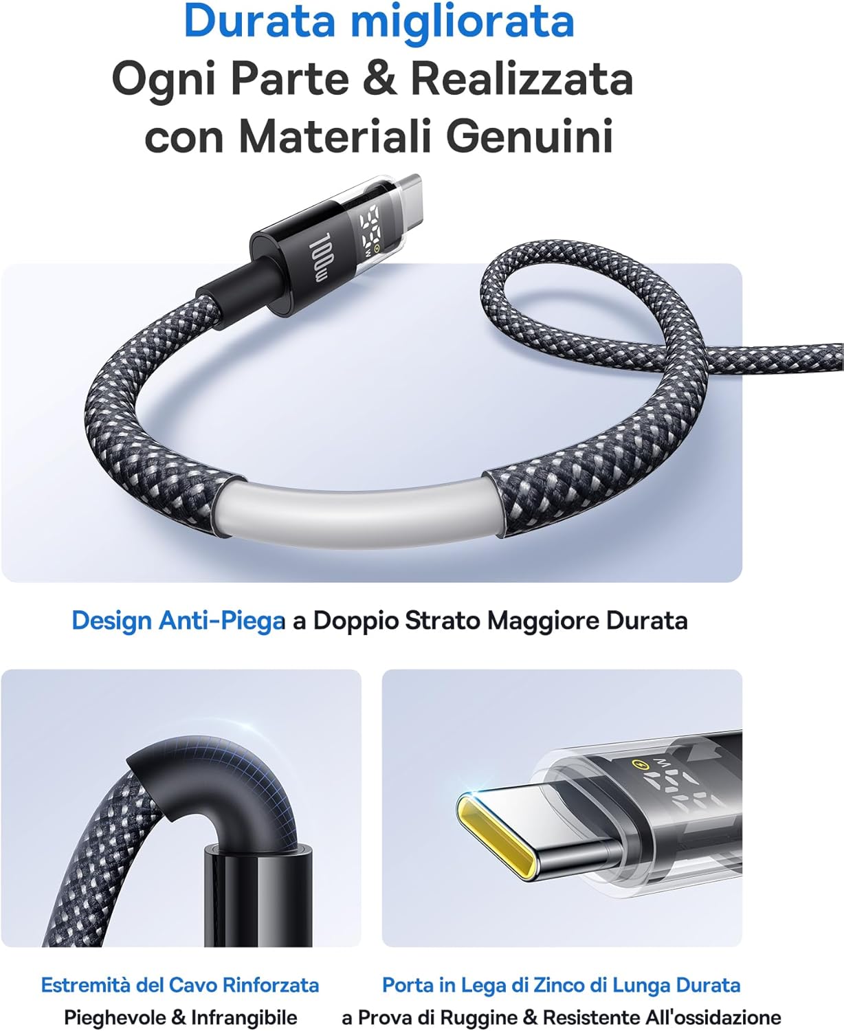 Thumbnail 3 de Baseus Cavo USB-C con Display Digitale, Ricarica 100 W, 2 m – Cavo intrecciato da USB-C a USB-C