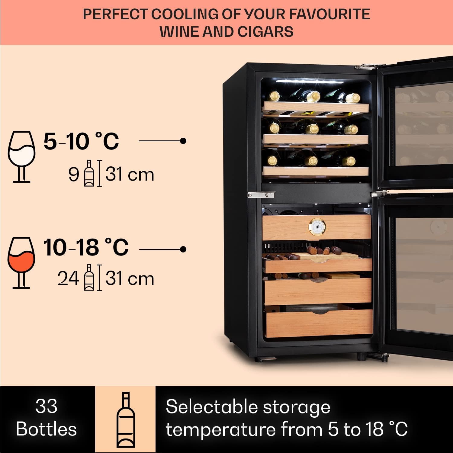 Detalle 2 de Klarstein 89L Cigar Humidor and Wine Cooler with Glass Door and Temperature Control