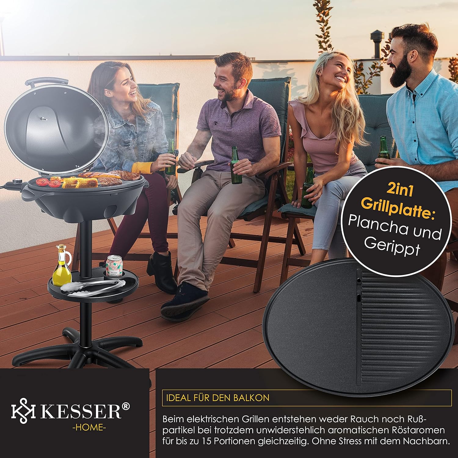 Thumbnail 3 de KESSER® 2in1 Elektrogrill Tischgrill & Standgrill mit Deckel, Thermometer und XXL-Grillplatte (max. 2.400 Watt)