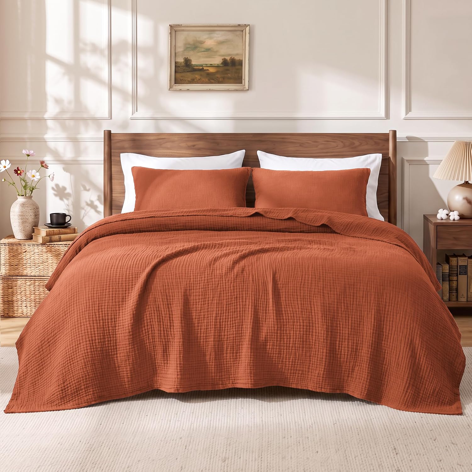 Thumbnail 4 de Love’s Cabin 100% Cotton Muslin Blanket (6-Layer Gauze), King Size 108 x 90 Inches, Orange