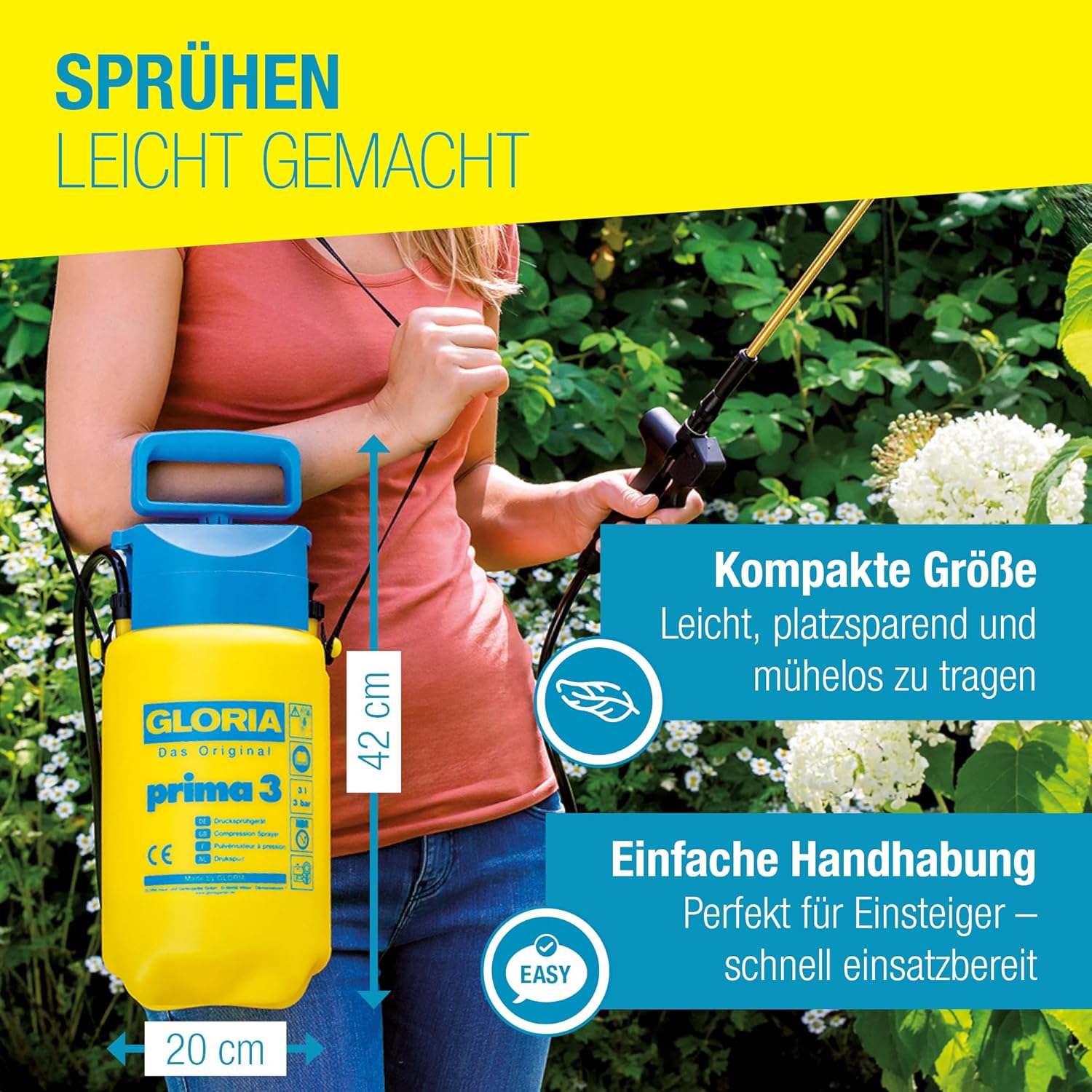 Detalle de GLORIA Drucksprühgerät prima 3 – 3 Liter Gartenspritze für Balkon, Terrasse und Garten