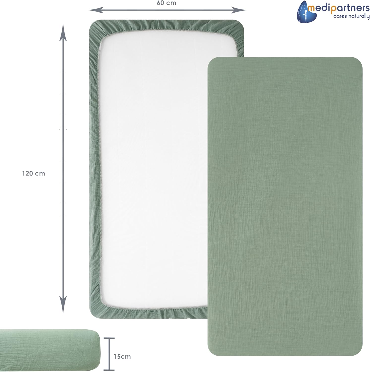 Thumbnail 1 de Medi Partners Drap Housse 60x120 cm pour Bébé – 100% Coton Mousseline, ajustement parfait