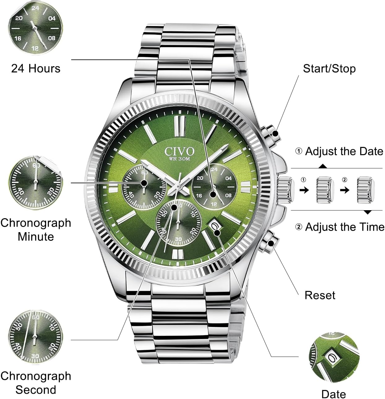 Thumbnail 4 de CIVO Chronographenuhr Herren Edelstahl 41 mm