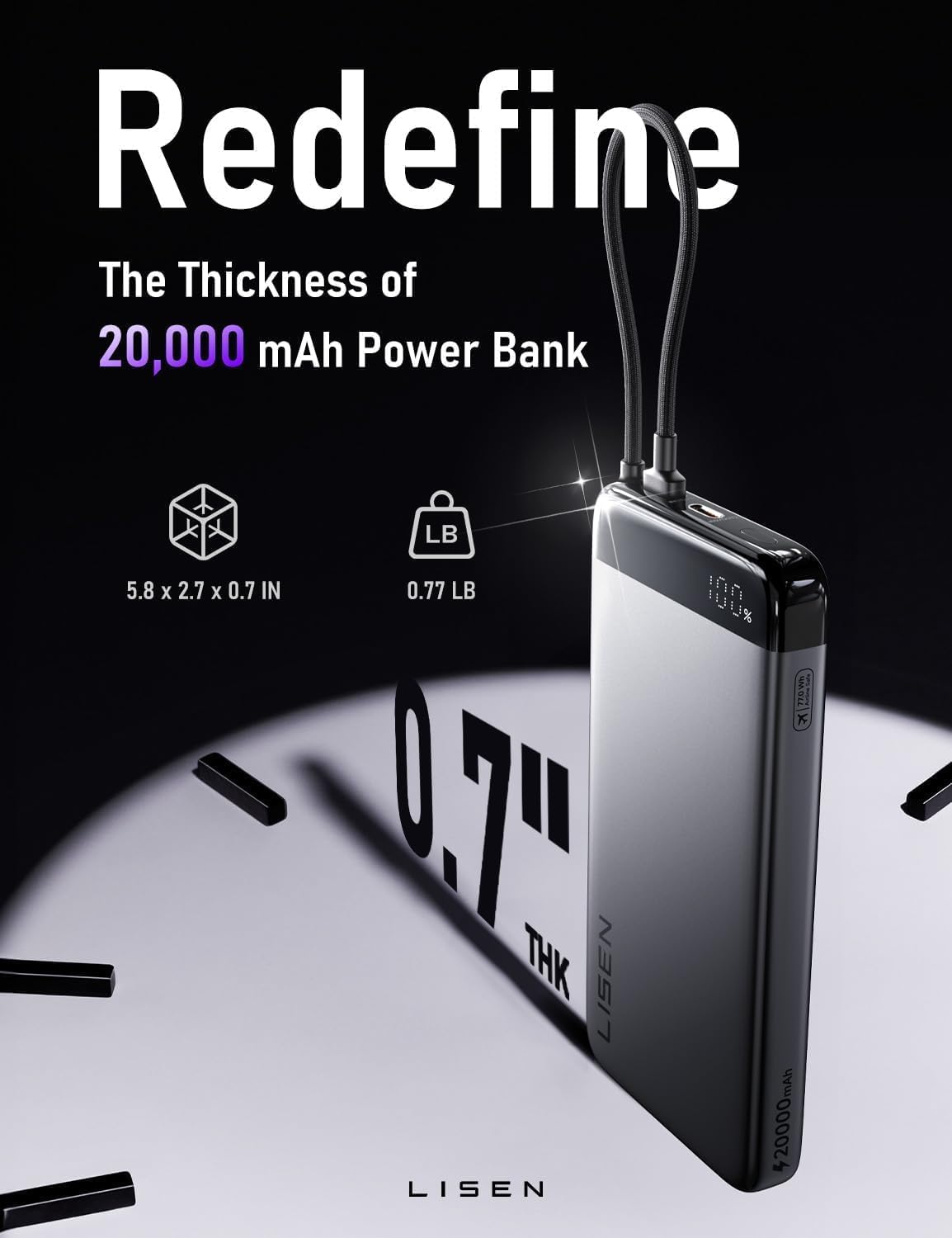 Thumbnail 1 de LISEN Power Bank Slim CCC – Batterie externe 20 000 mAh avec câble intégré et 35 W