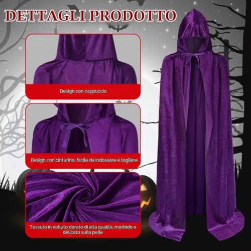 Detalle 2 de AOOWU Mantello con cappuccio viola in velluto, 150 cm per Halloween e Carnevale