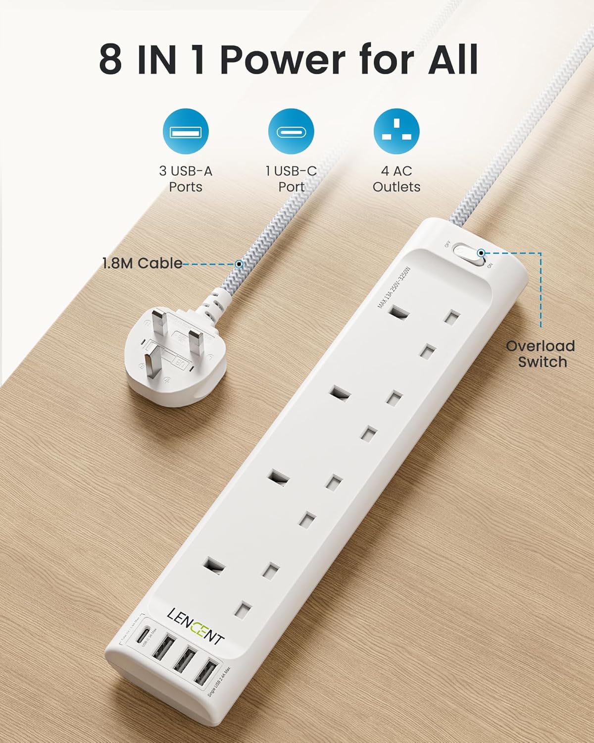 Thumbnail 1 de LENCENT Extension Lead with USB C 3250W